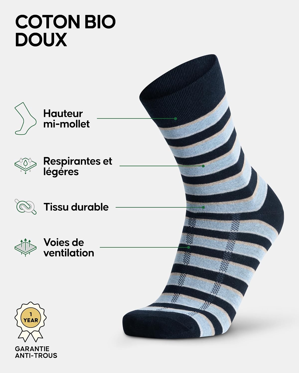 Detalle 2 de DANISH ENDURANCE Chaussettes en coton premium respirantes (6 paires) pour homme, femme et unisexe