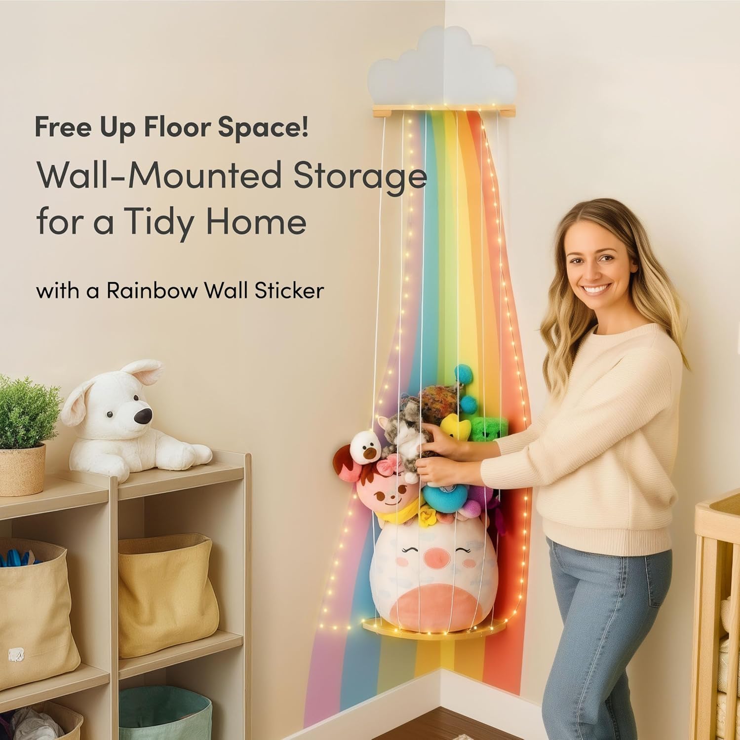 Thumbnail 1 de PUTSKA Corner Nursery Storage Shelf – Space-Saving Wooden Organizer for Plush Toys, Baby Essentials & Nursery Décor