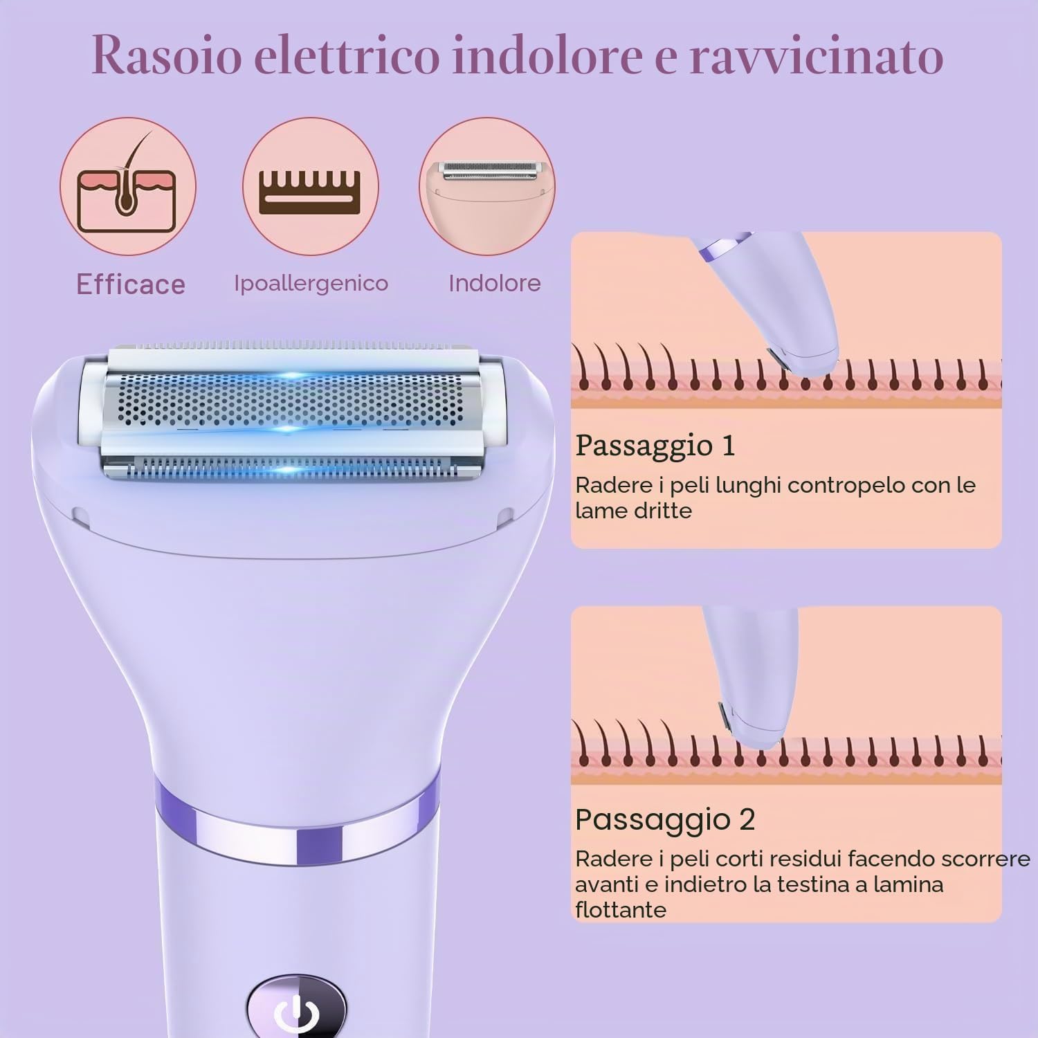 Detalle de Rasoio elettrico Donna Viso Bikini Corpo con 3 testine intercambiabili —IPX7, LCD, uso a secco/bagno