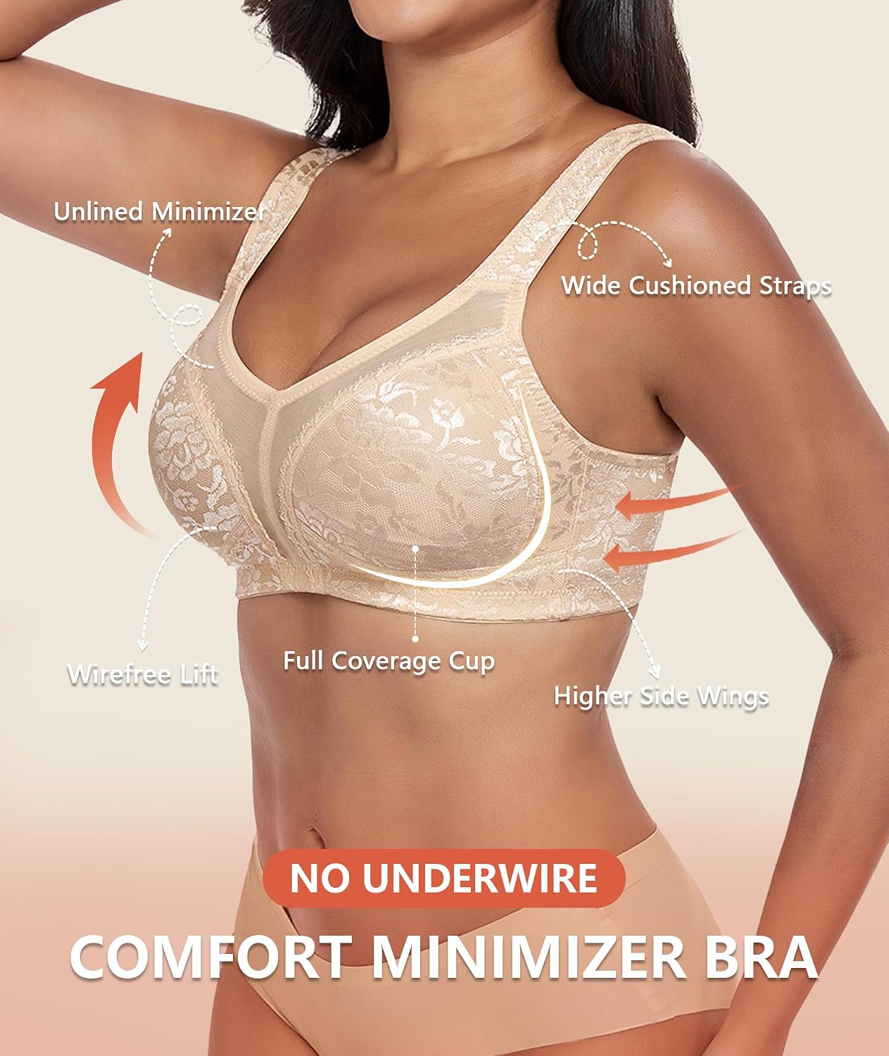 Detalle de UPGAMR Full Coverage Minimizer Bra (wirefree) – lace jacquard, plus size comfort