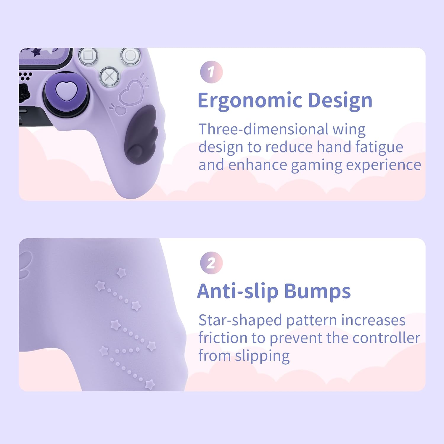 Detalle de GeekShare PS5 Controller Hautgriff-Set – Sternflügel, lilac, rutschfeste Silikon-Schutzhülle inkl. Daumengriffkappen