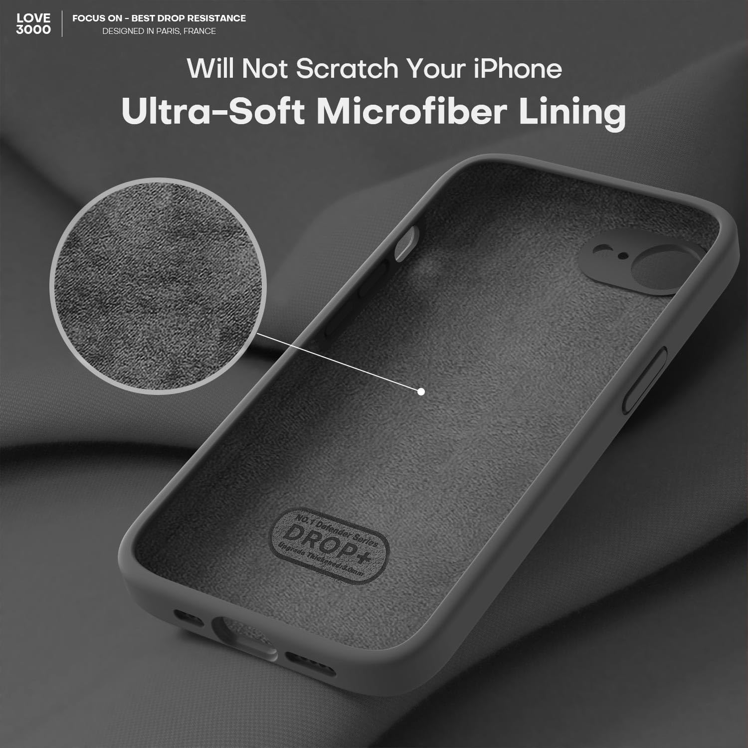 Detalle de LOVE 3000 Designed for iPhone 16e/17e Case – Premium Silicone with Soft Anti-Scratch Lining