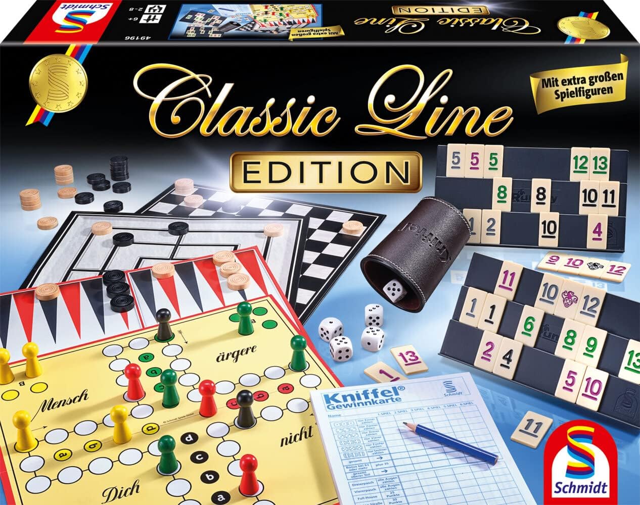 Detalle de Schmidt Spiele 49196 – Collezione di Giochi Classic Line Edition, Multicolore: Kniffel, myRummy e altro ancora