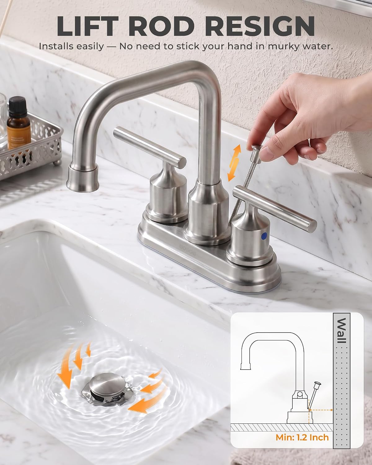 Detalle 2 de WOWOW 2320200-AMUS Brushed Nickel Centerset Bathroom Faucet, 3-Hole