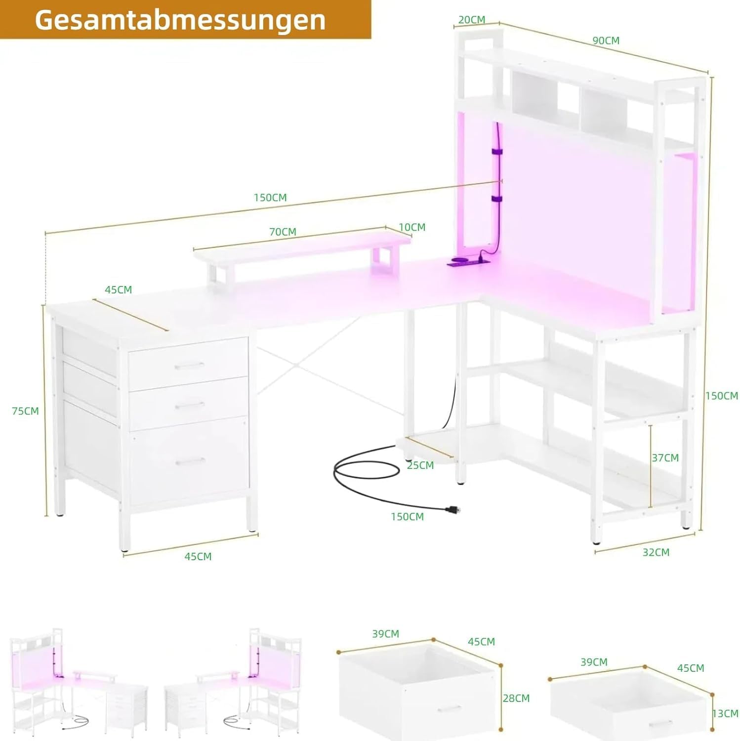 Detalle de iSunirm Scrivania portaoggetti reversibile con luci LED e prese di corrente, bianco (150 x 87 x 150 cm)