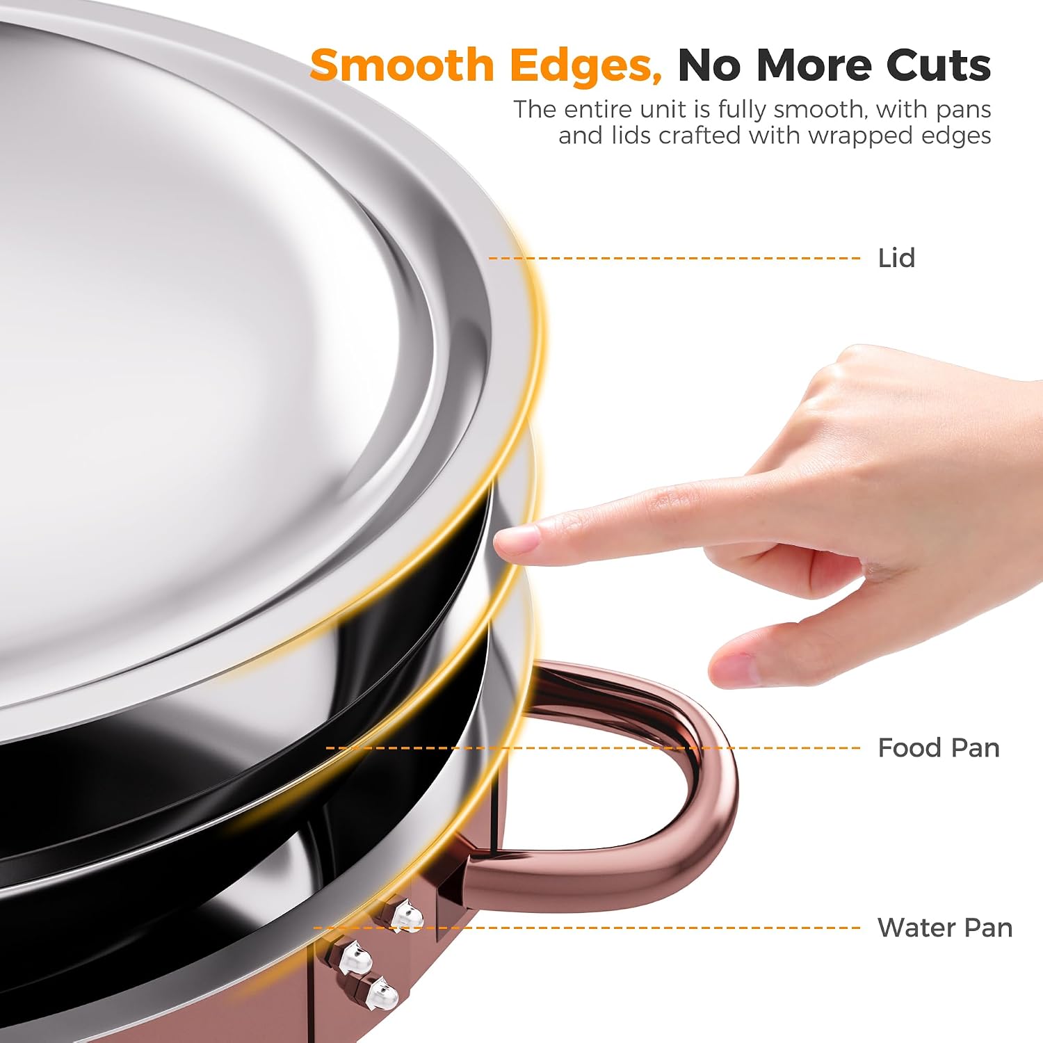Detalle 2 de CAMMOO 4 Pack Round Chafing Dishes for Buffet, Rose Gold, 6 QT Stainless Steel