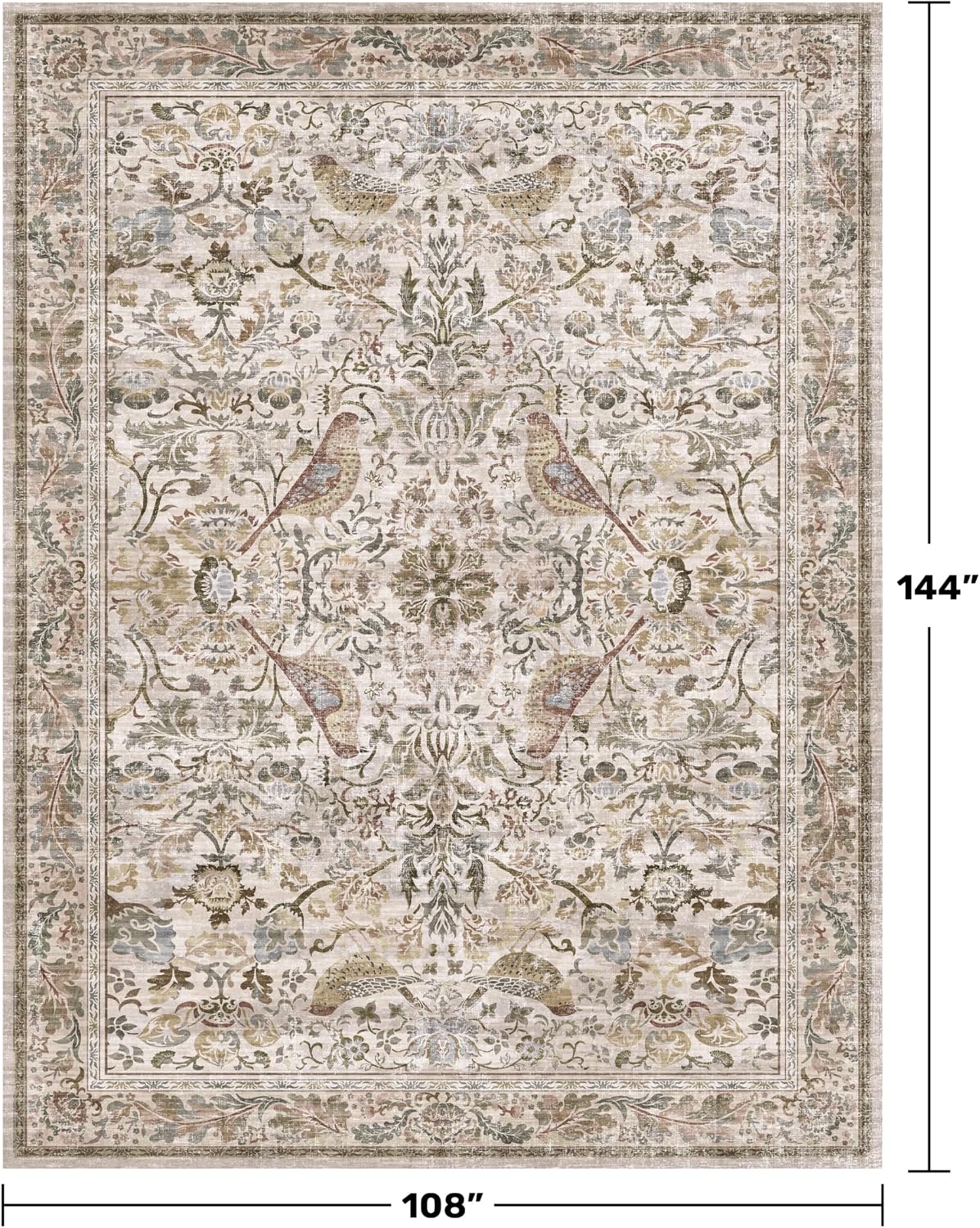 Detalle de Hazo Haus 9' x 12' Floral Area Rug with Bird Motif, Low Pile, Washable