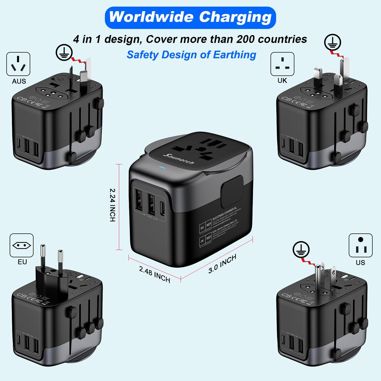 Thumbnail 4 de SAUNORCH Worldwide Travel Adapter with 2 USB-A & USB-C – universal plug for USA, UK, EU, AU (Thailand & 200+ countries)