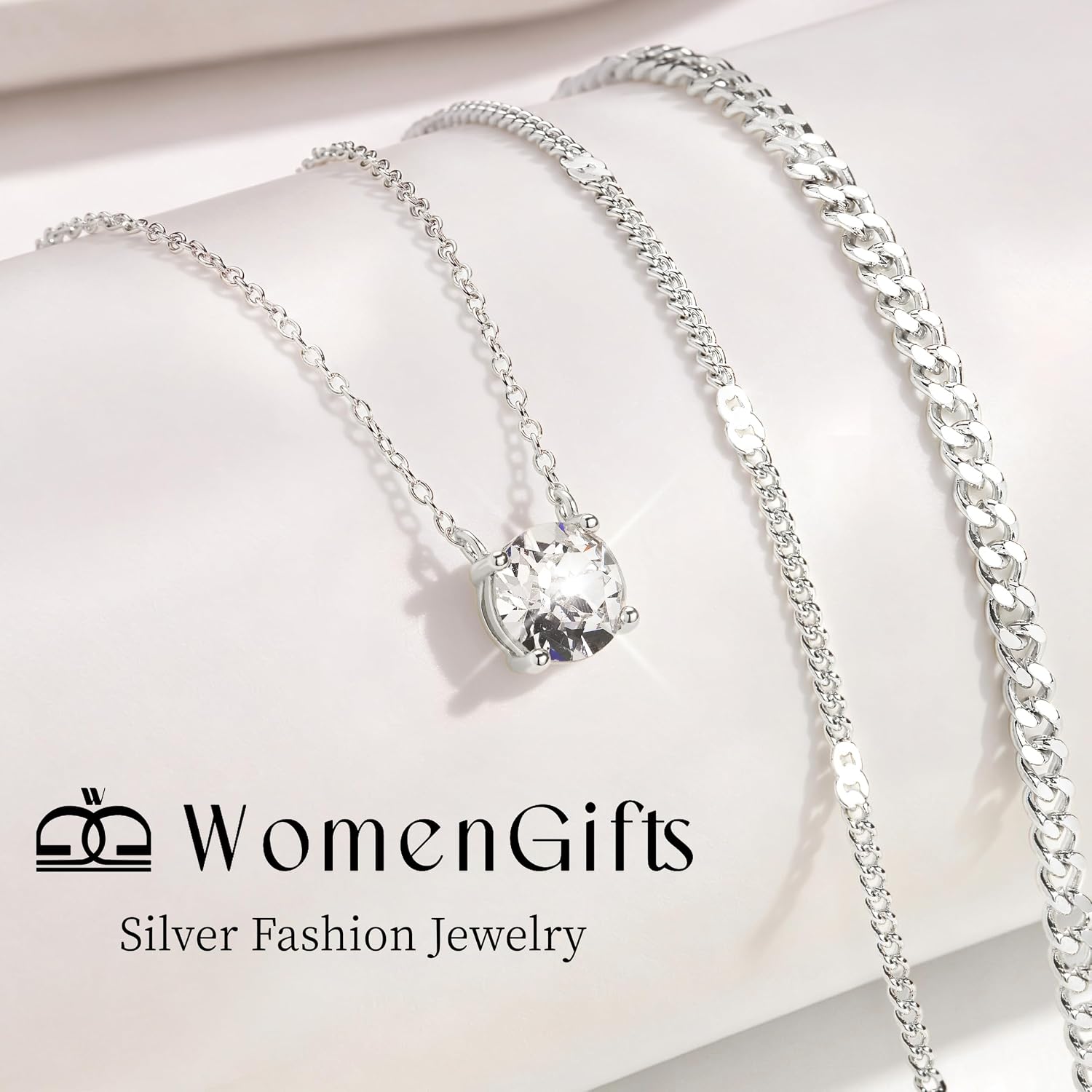 Detalle 1 de WomenGifts Layered Necklace Set with Cuban Choker and CZ Pendant