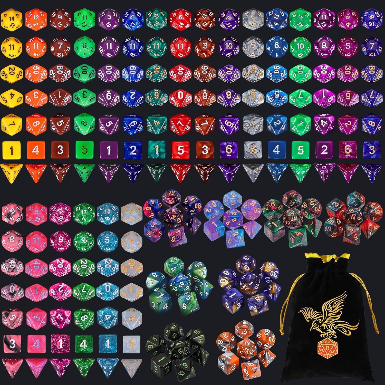QMay 30 Sets Polyhedral Dice – 210 Pieces with a Large Drawstring Bag