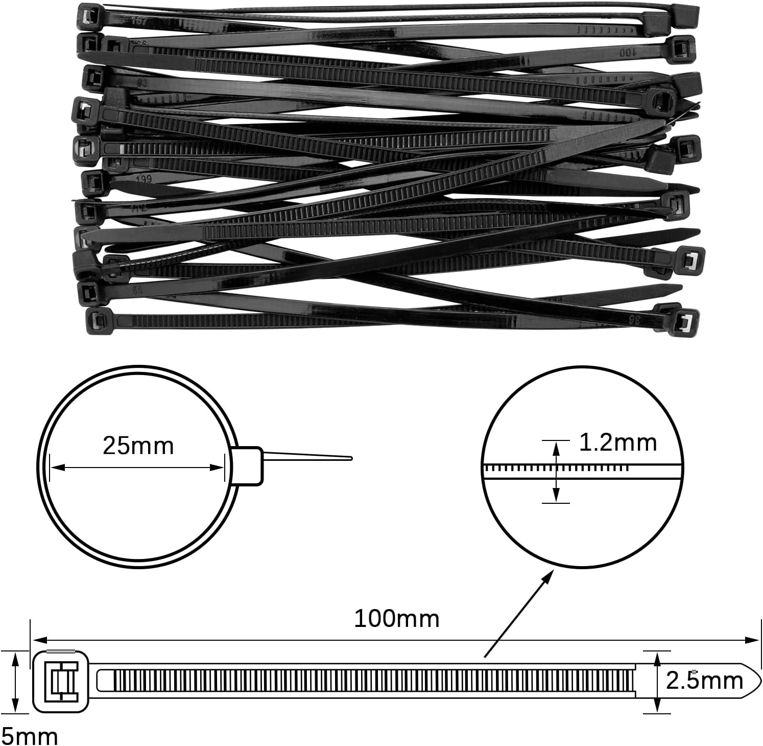 Thumbnail 2 de JelKen 500 Pack Black Cable Ties — 100mm x 2.5mm, Self-Locking Nylon Tie Wraps (4")