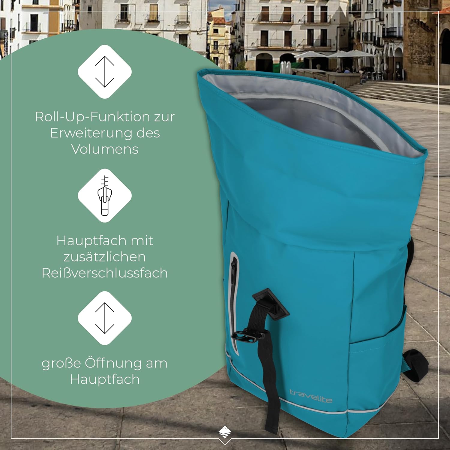 Detalle de Travelite Rolltop Rucksack wasserfest (19 l) – BASICS für Alltag, Stadt und Rad