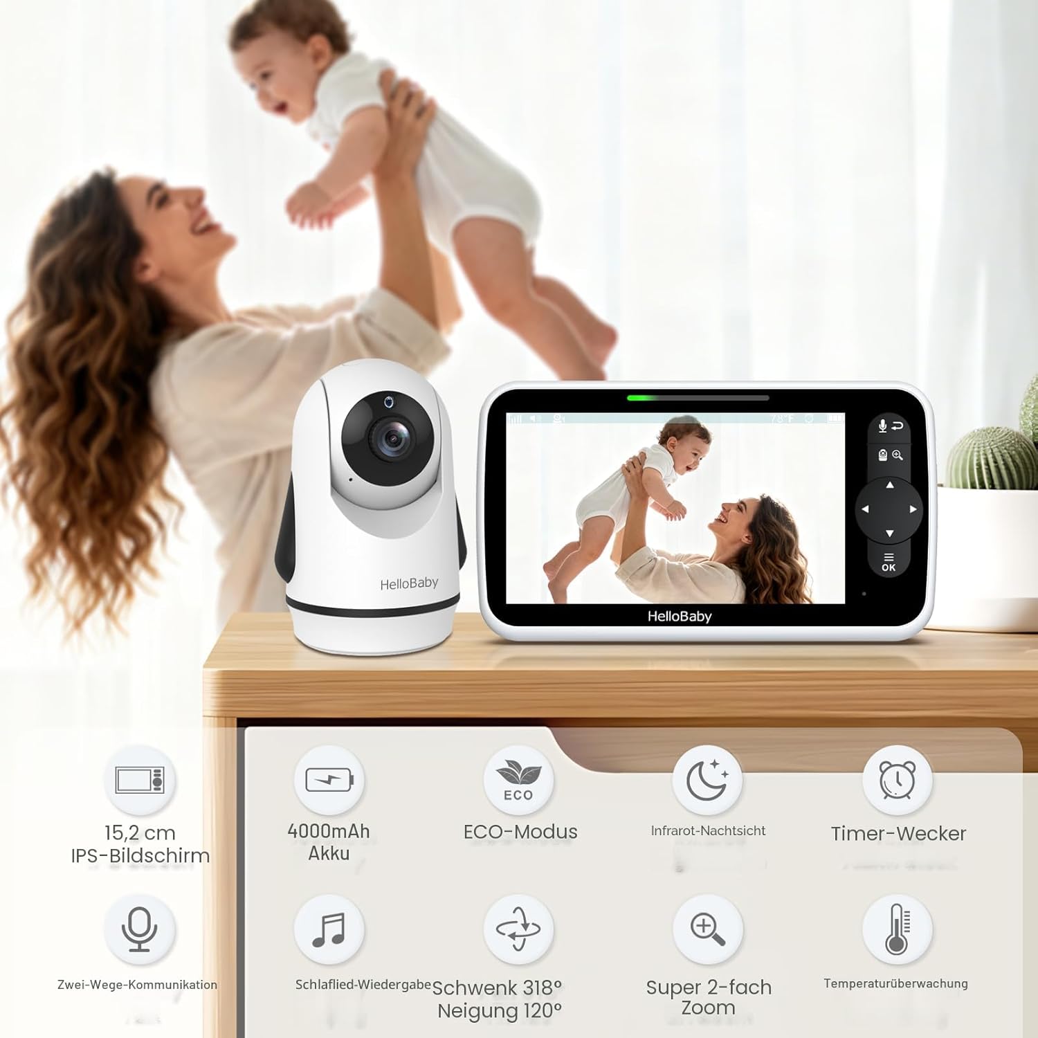 Detalle 2 de HelloBaby 6-Zoll Video-Babyphone 4000 mAh