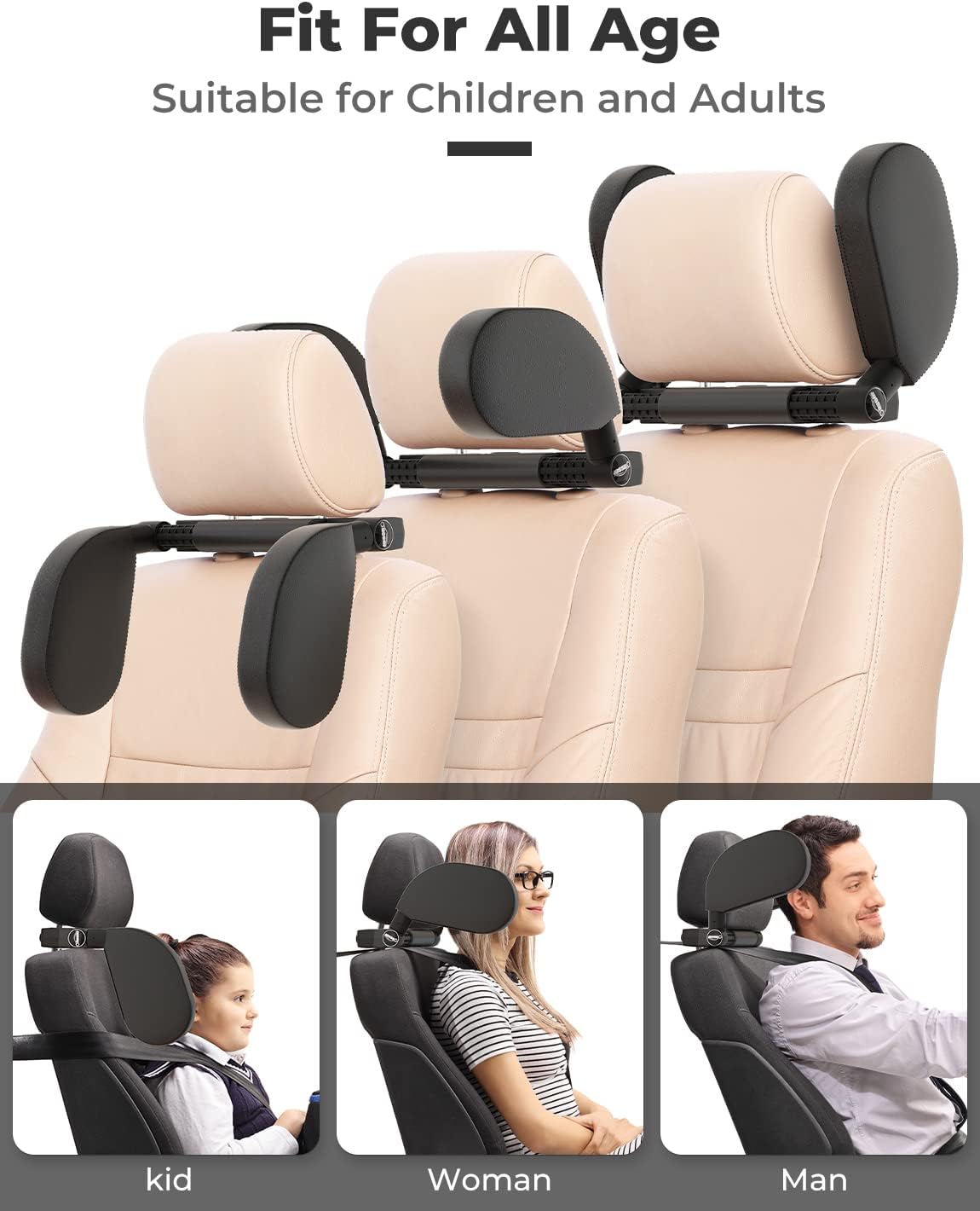 Thumbnail 3 de Oasser Car Seat Headrest Pillow CA1 (Black): Detachable, Adjustable 360° Support for Head and Neck