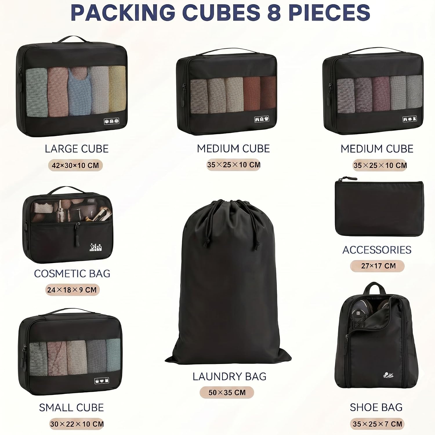Detalle de MURISE Koffer Organizer 8-teilig: Packing Cubes & Taschen-Set für Urlaub und Reisen, Schwarz