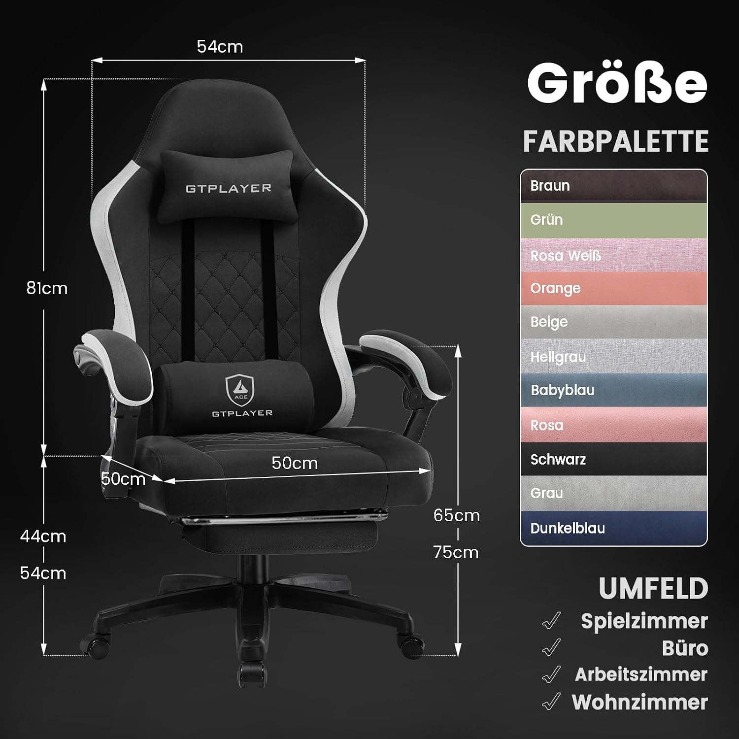 Detalle de GTPLAYER Gaming Stuhl mit Stoffbezug, verstellbaren Armlehnen und Fußstütze (bis 150 kg) – dunkelschwarz