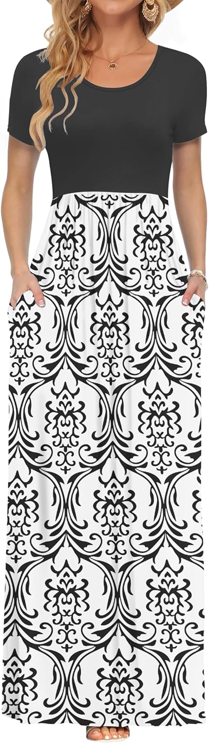 Detalle de AUSELILY Damen Maxi-Kleid mit Taschen – Kurzarm, elastische Taille, weiß möglich (Sommer/Strand)