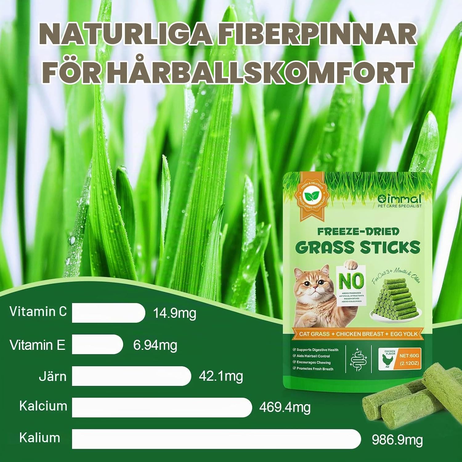 Detalle de YijiaXingzhou frystorkade kattgräspinnar, 60 g med kyckling och äggula