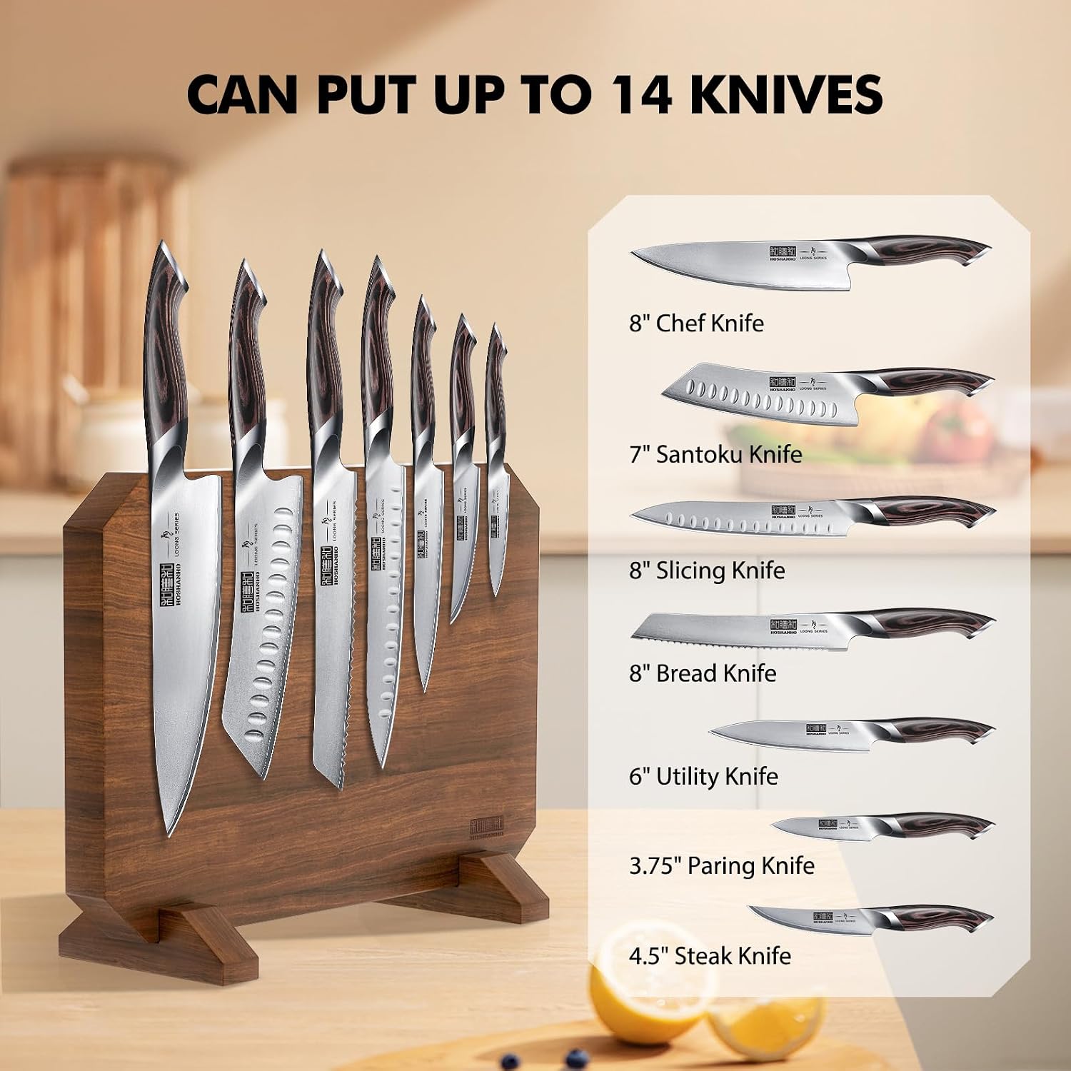 Detalle de HOSHANHO Magnetic Knife Block, Acacia Wood