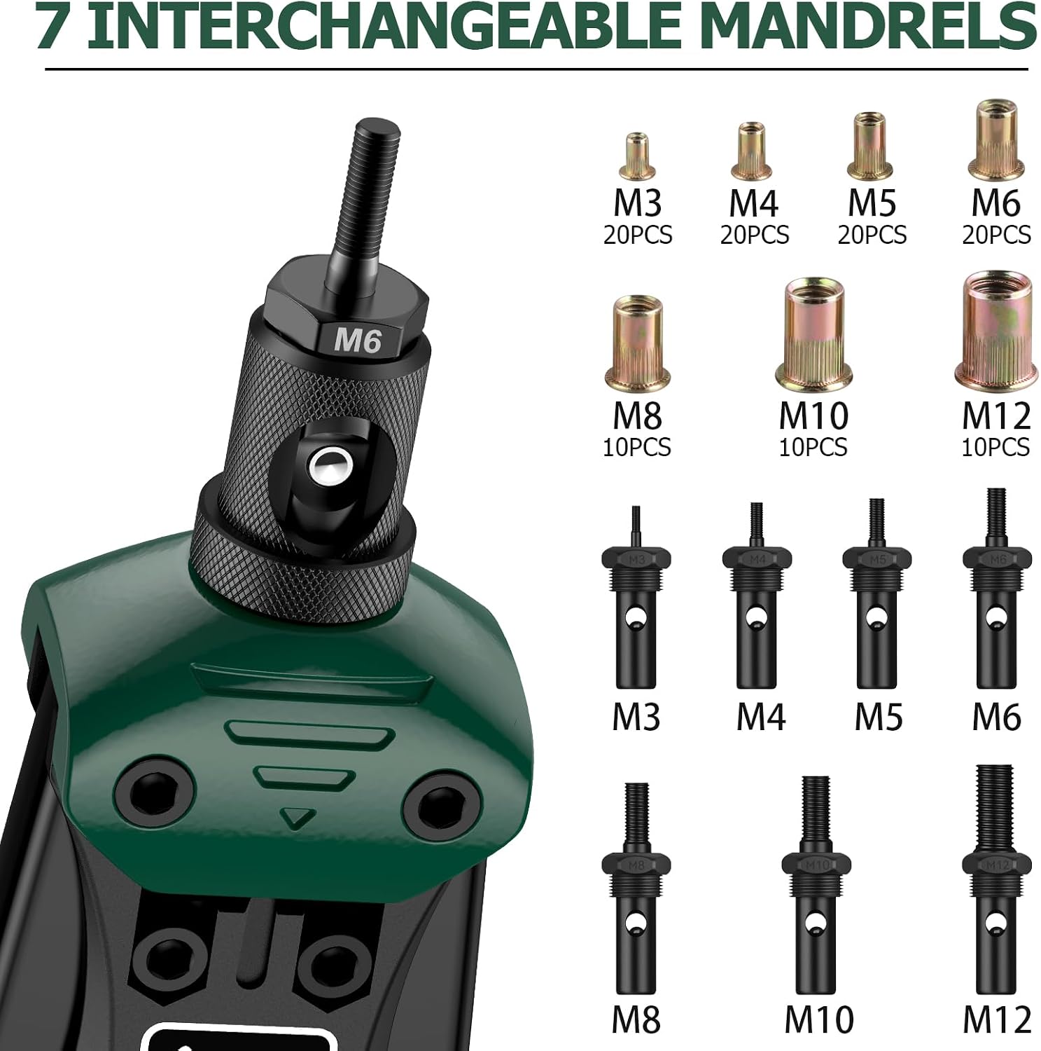 Detalle 2 de JiGiU 16" Rivet Nut Tool Kit: Heavy-Duty Nutsert Gun with 7 Mandrels and 110 Rivet Nuts
