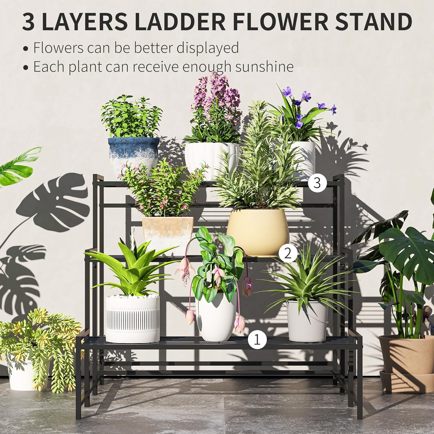 Detalle de Outsunny 3-Tier Metal Plant Stand: Modern Ladder Shelf for Indoor & Outdoor Display