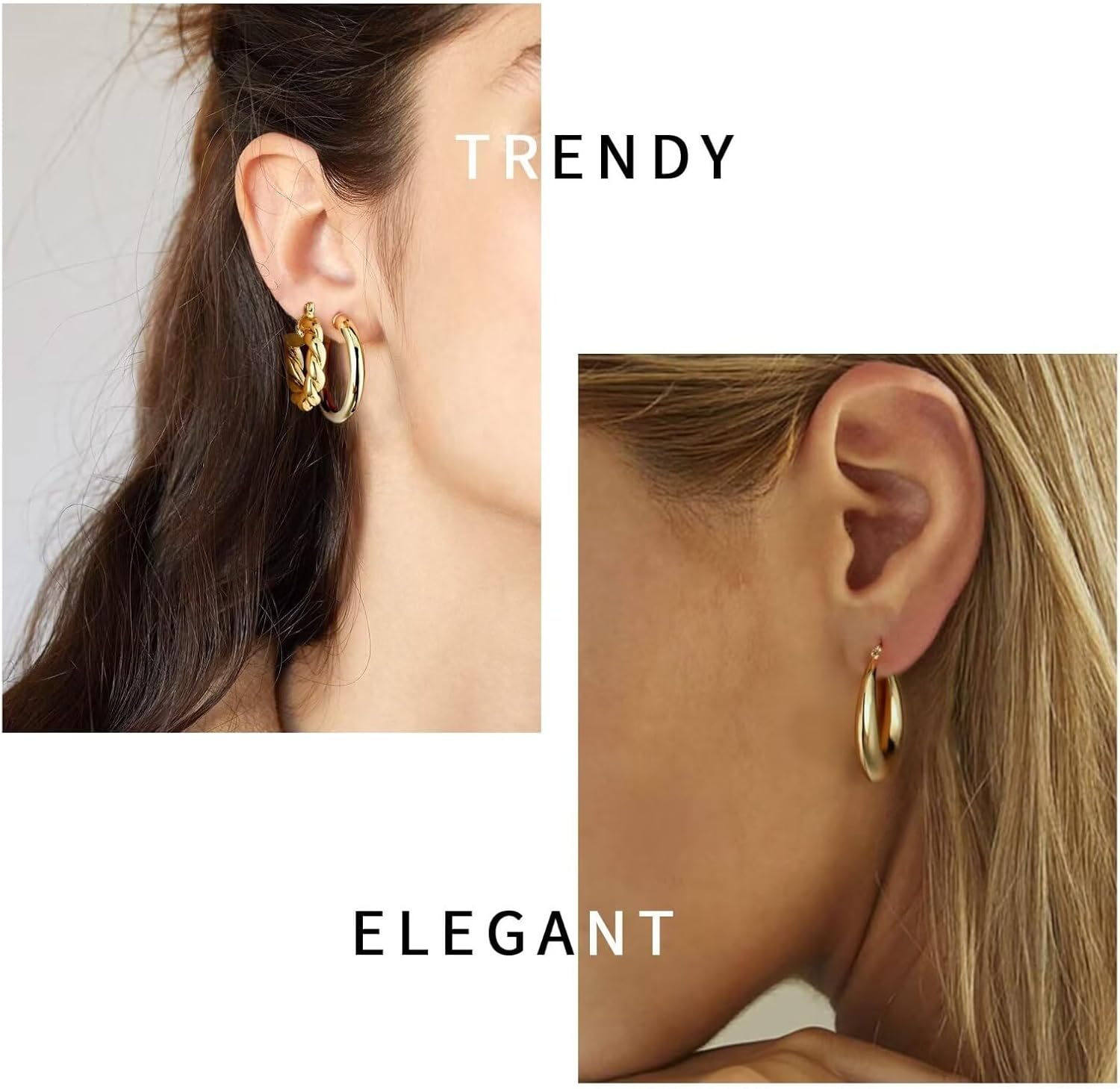 Detalle de TINGN Boucles d'oreilles créoles épaisses – argent sterling 925 & plaqué or 14K, hypoallergéniques, 9 paires variées