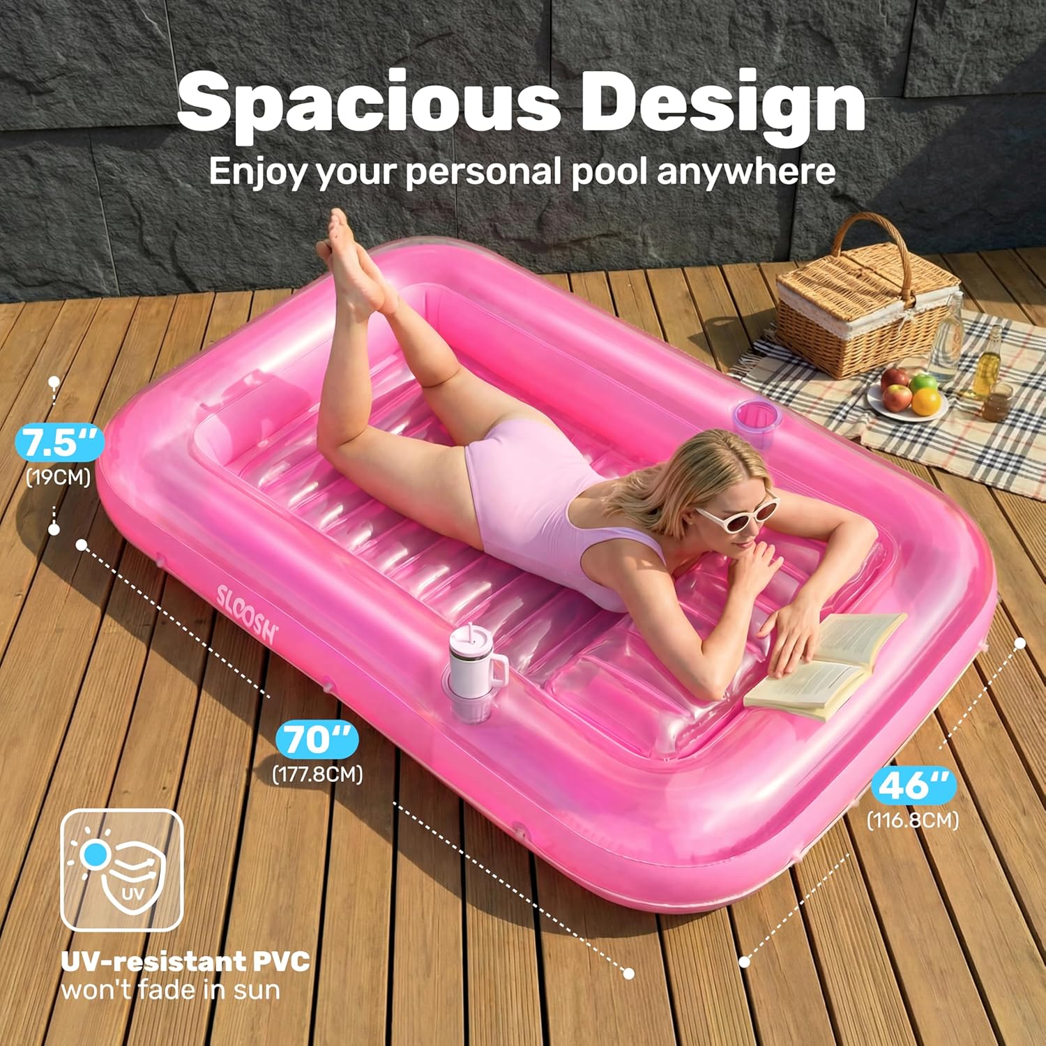 Detalle de SLOOSH Inflatable Tanning Pool Lounger Float (70" x 46"), Pink - 4-in-1 Suntan Tub Raft