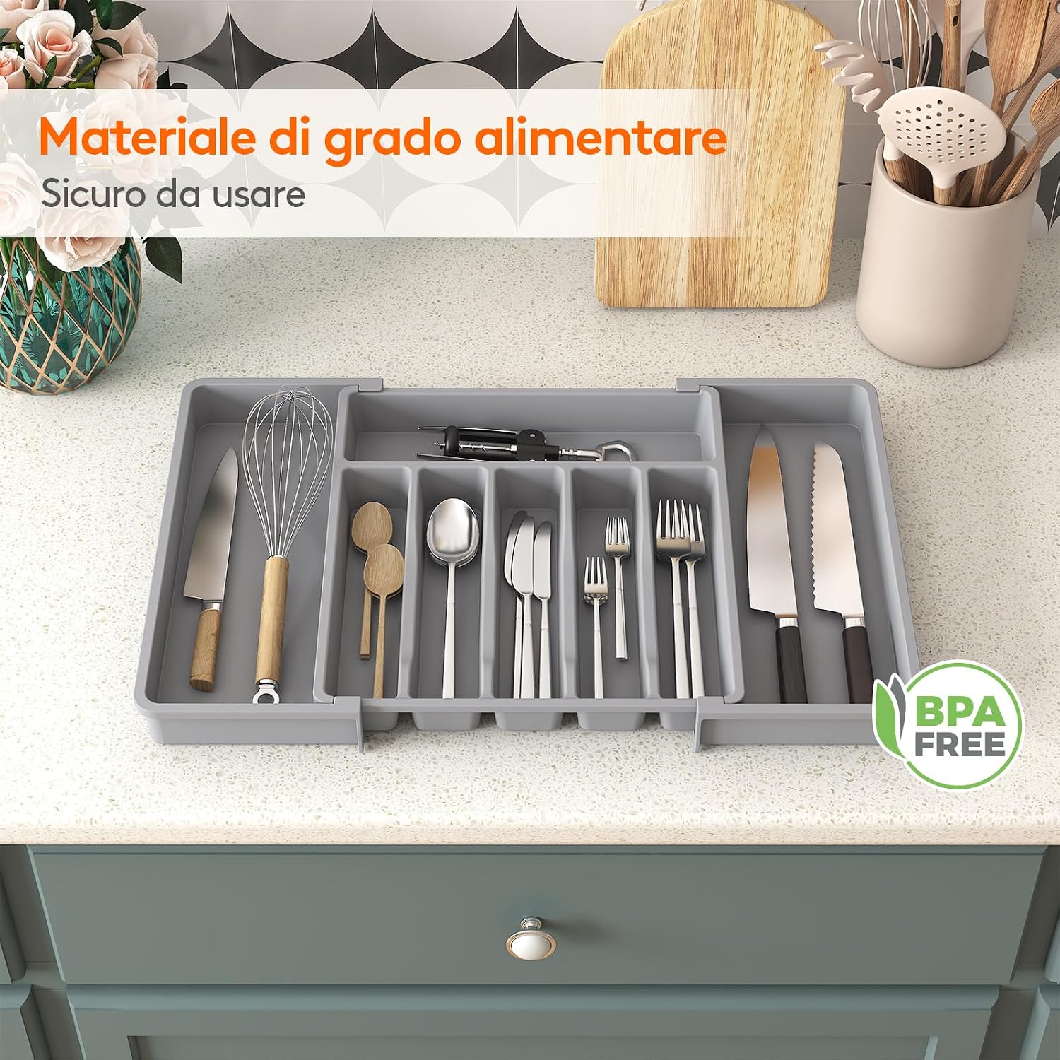 Thumbnail 6 de Lifewit Portaposate da Cassetto espandibile – Organizer cucina con 8 scomparti, regolabile 33–56,9 cm, PP senza BPA, grigio