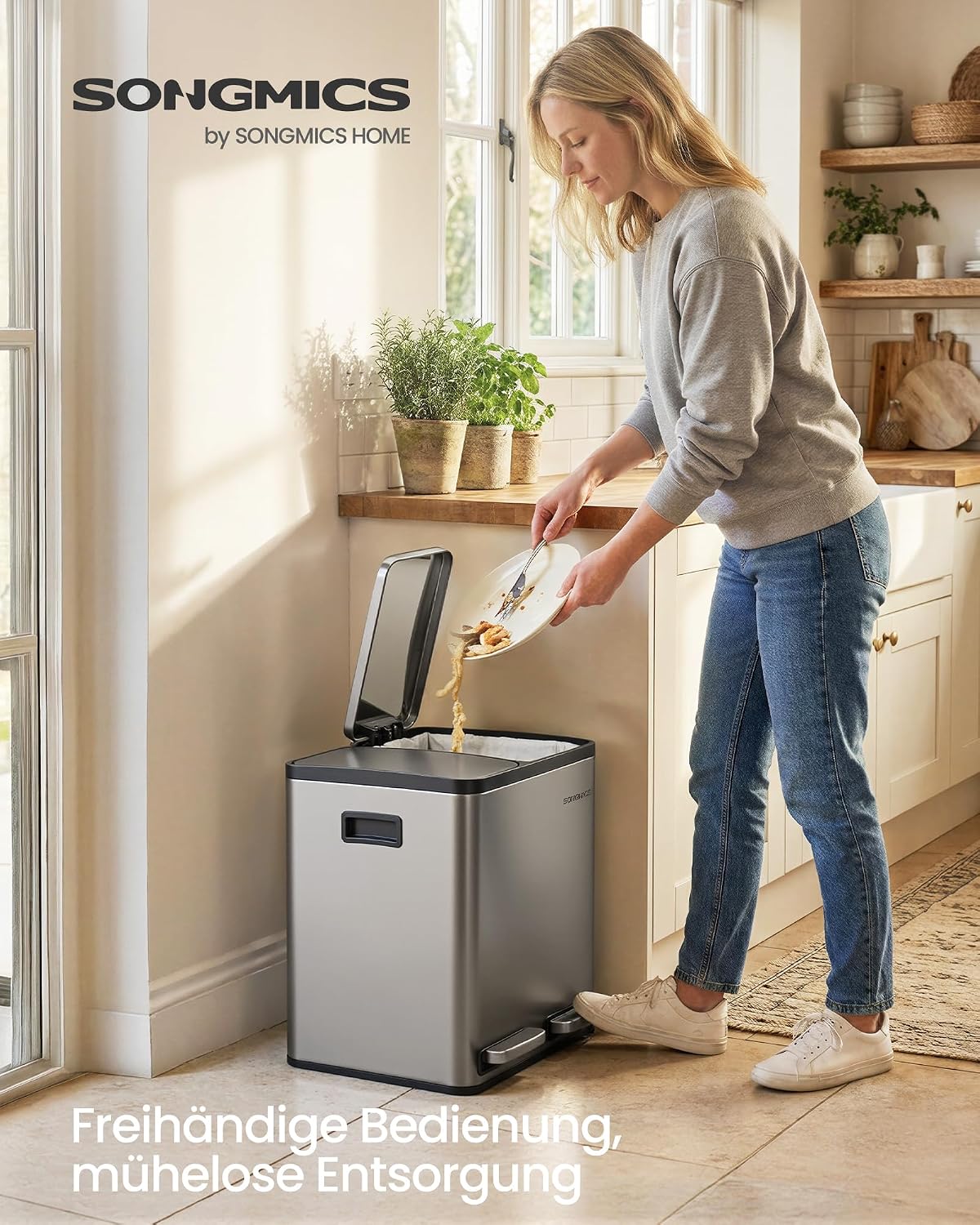 Detalle 2 de SONGMICS Mülleimer Küche LTB130EZ01 – 2 x 15 L, Mülltrennsystem, Softclose, Edelstahl