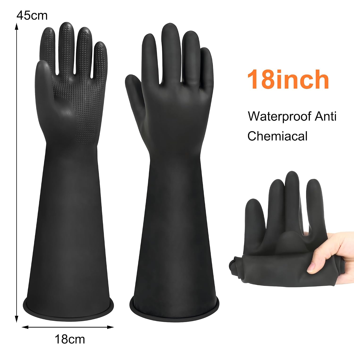 Detalle de Heavy Duty Rubber Gloves 18" Long - 1 Pair, Chemical Resistant and Non-Slip for Drain Cleaning