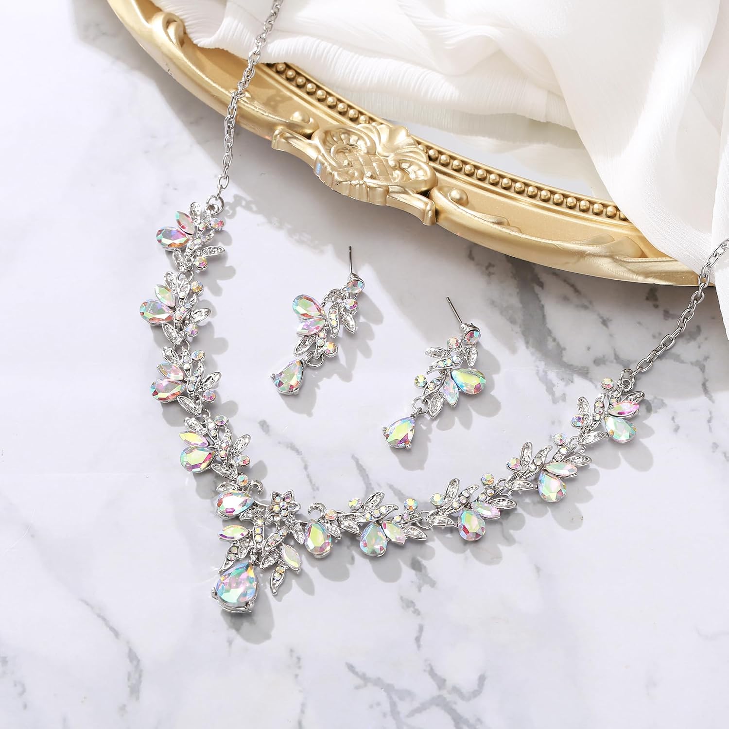 Thumbnail 3 de Clearine Costume Jewellery Set Prom Party: ciondolo a goccia foglia con strass e orecchini pendenti