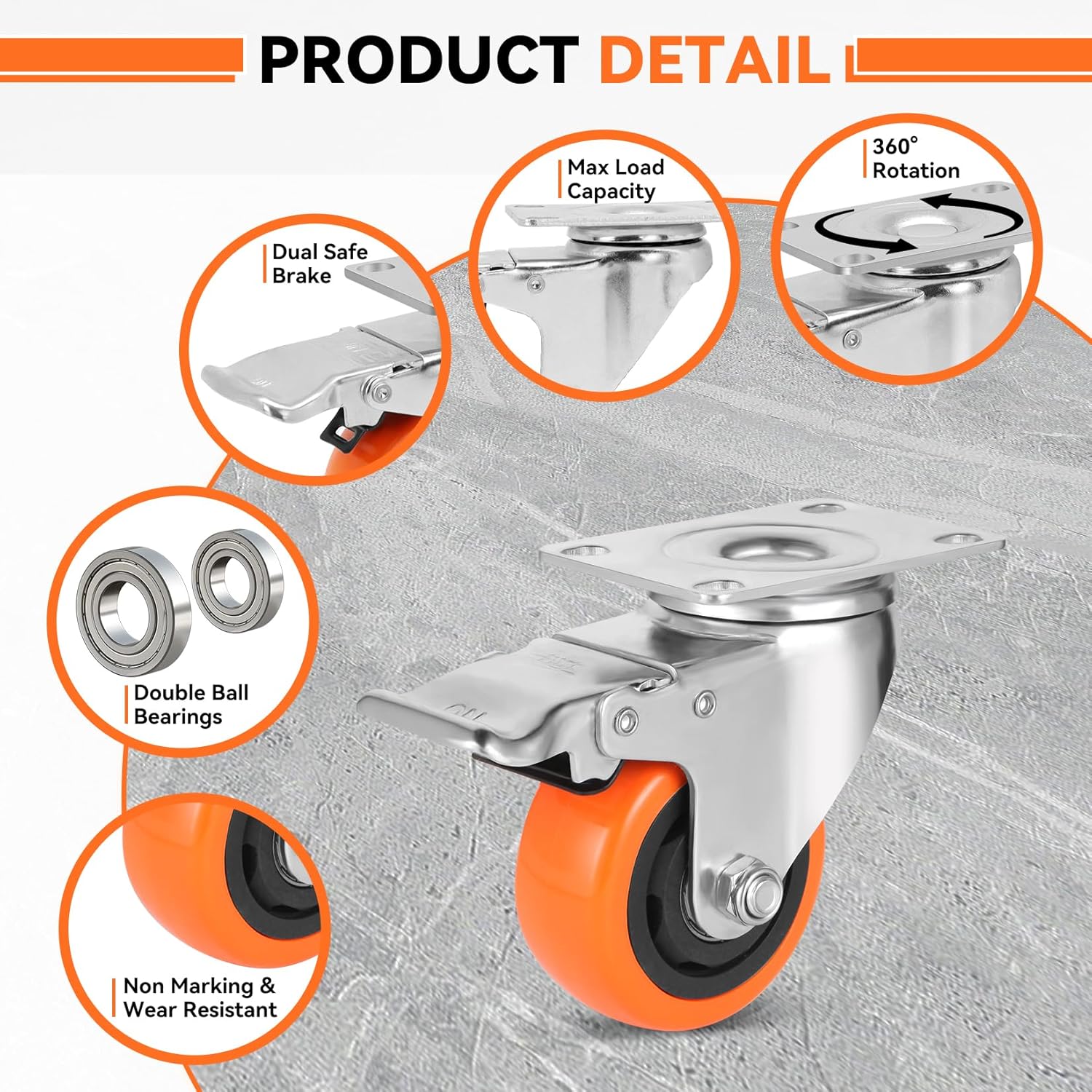 Thumbnail 3 de W B D WEIBIDA 75mm Ruote per Mobili Pesanti – Set di 4 con 450 kg di Capacità e Freni a 360°