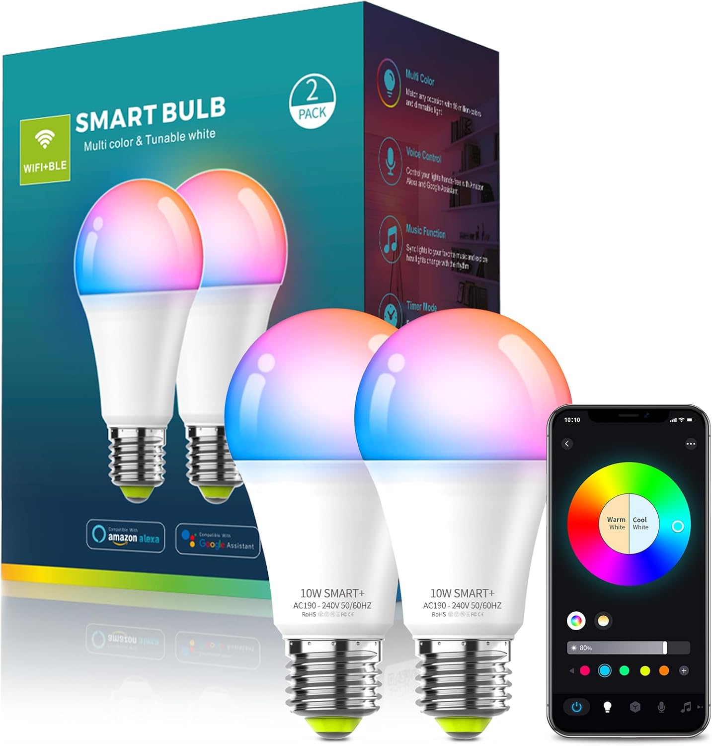 Detalle de Oumida Bombilla LED Inteligente Wi-Fi RGB Multicolor E27 (2 uds) 9W, 806 lm