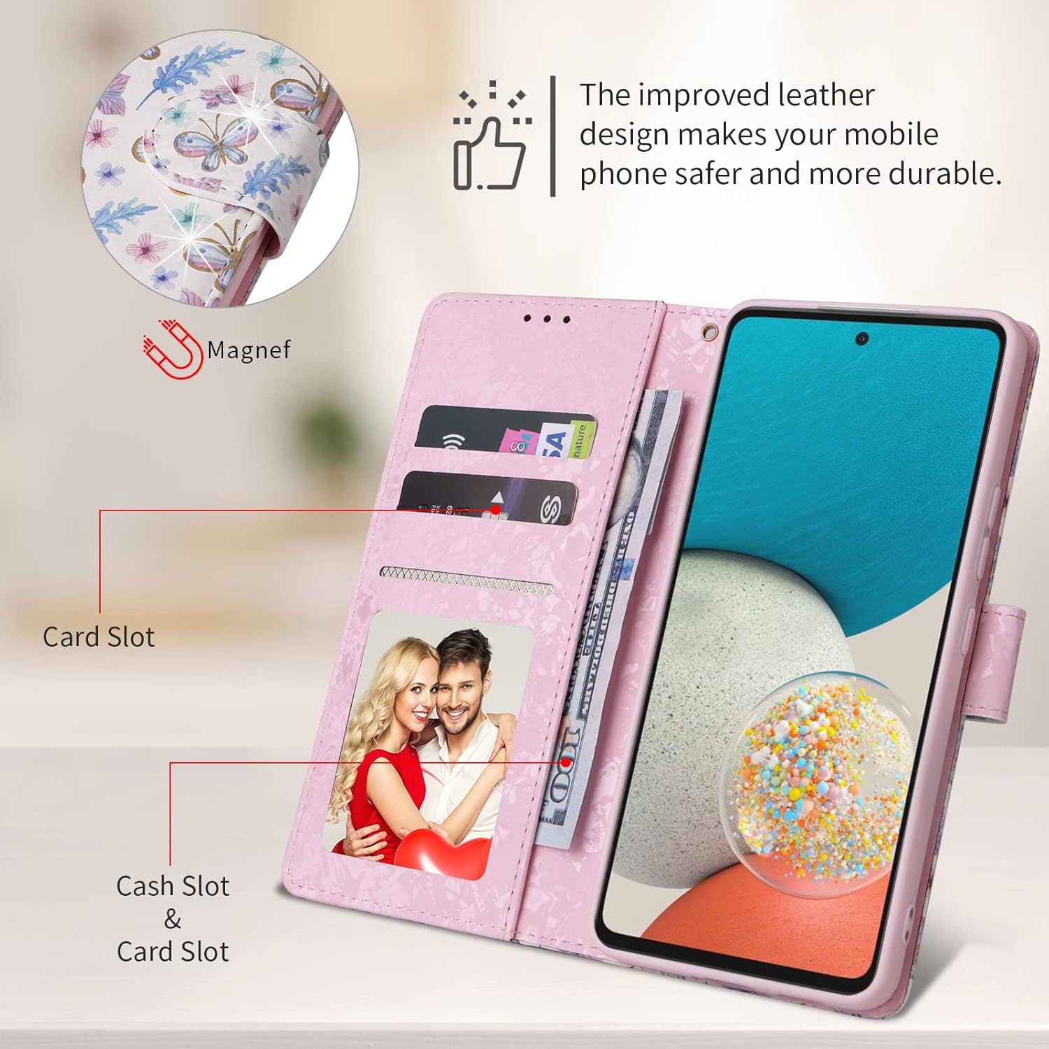 Detalle de UEEBAI Schmetterling Premium Leder Klapphülle für Samsung Galaxy A34 5G – RFID-Schutz, Magnetverschluss und Standfunktion