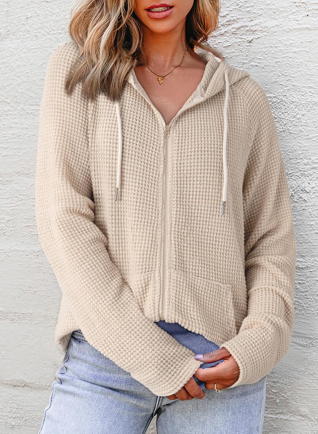 Detalle de Dokotoo Women's Full Zip Up Hoodies: Waffle Knit, Lightweight Comfort