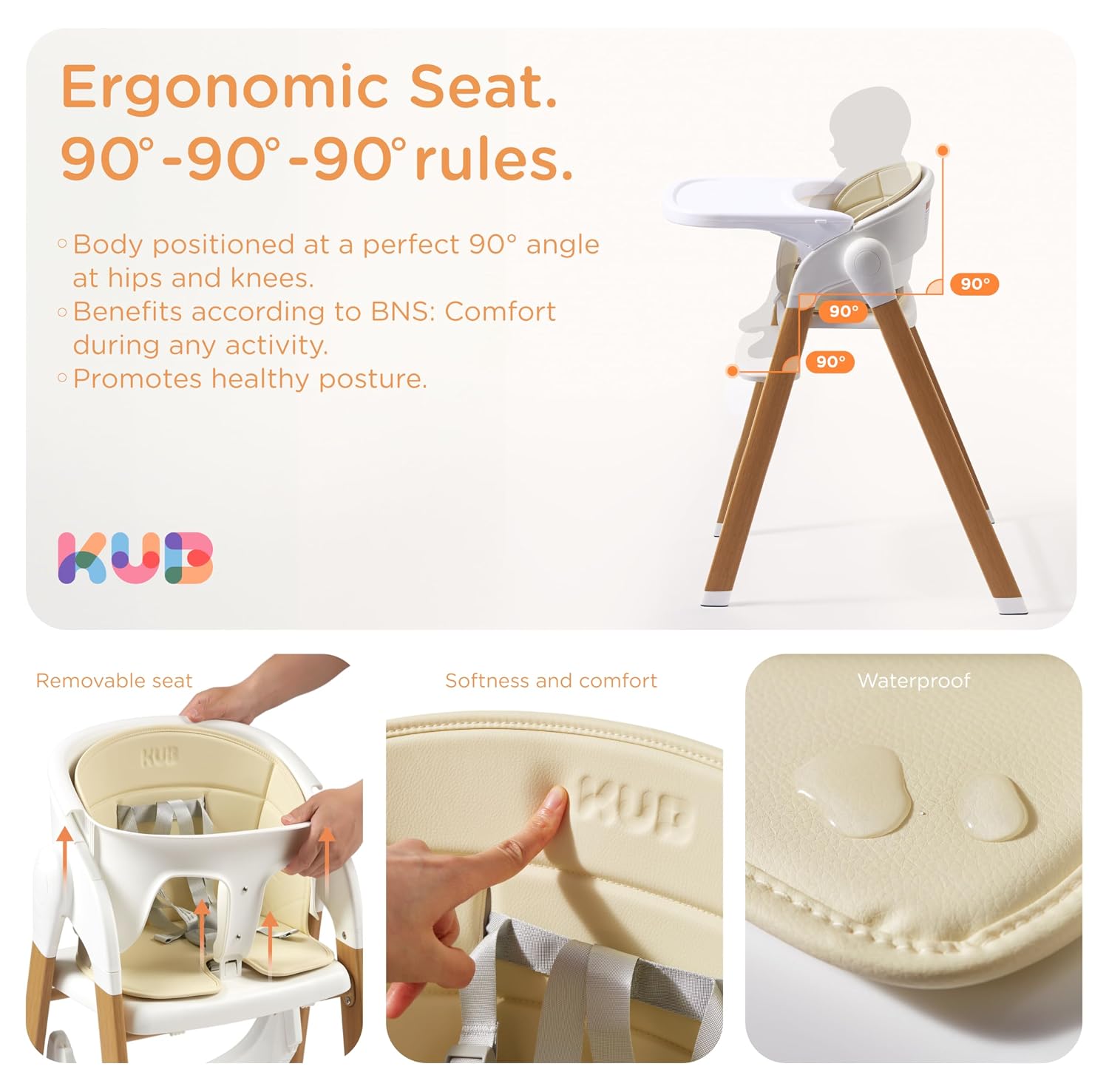 Detalle de KUB Foldable Baby High Chair, White with Wood-Print Metal Frame