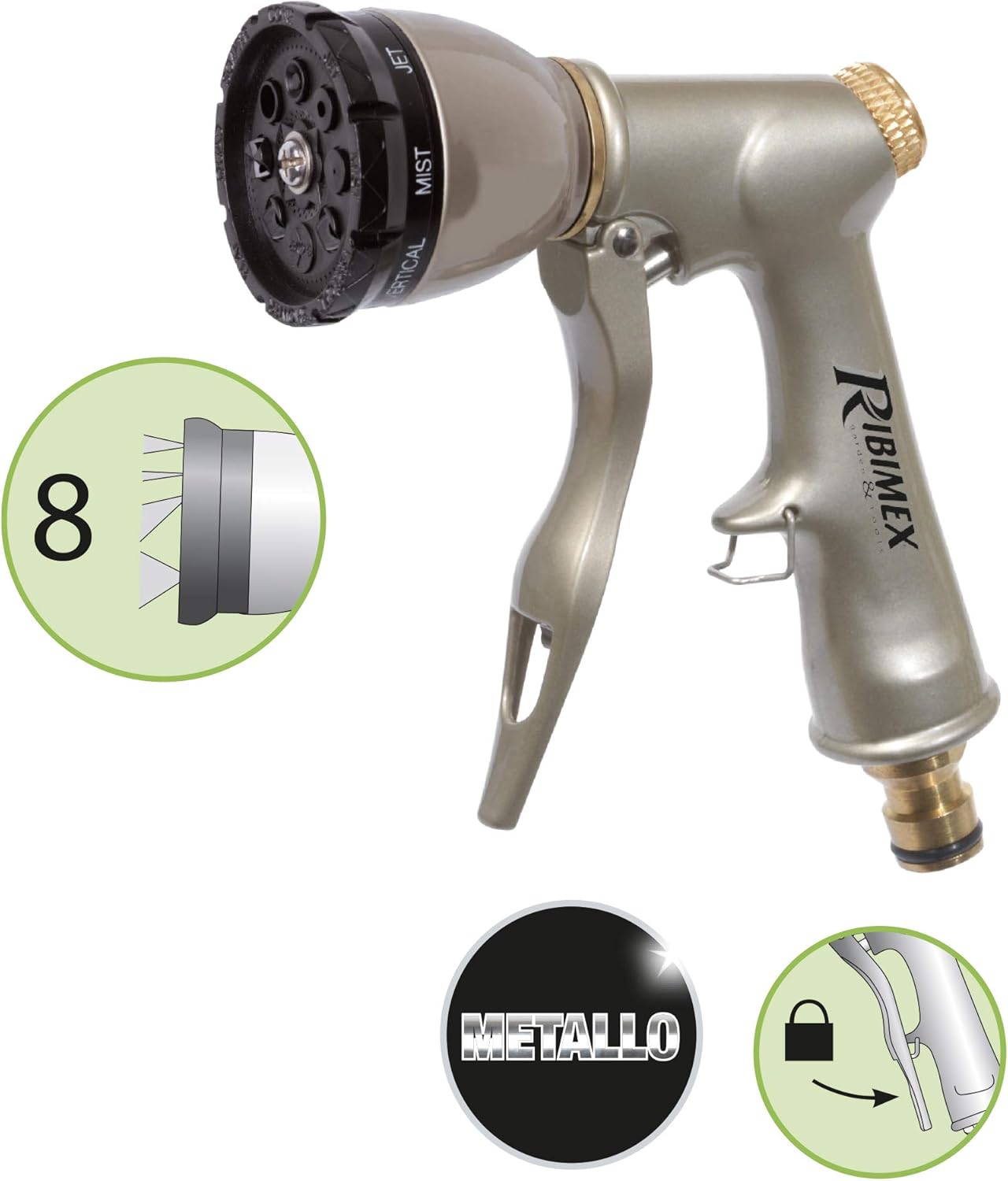Detalle de Ribimex Pistola Multigetto in Metallo e Ottone con Testina Rotante – 8 Getti Regolabili e Attacco Rapido in Ottone