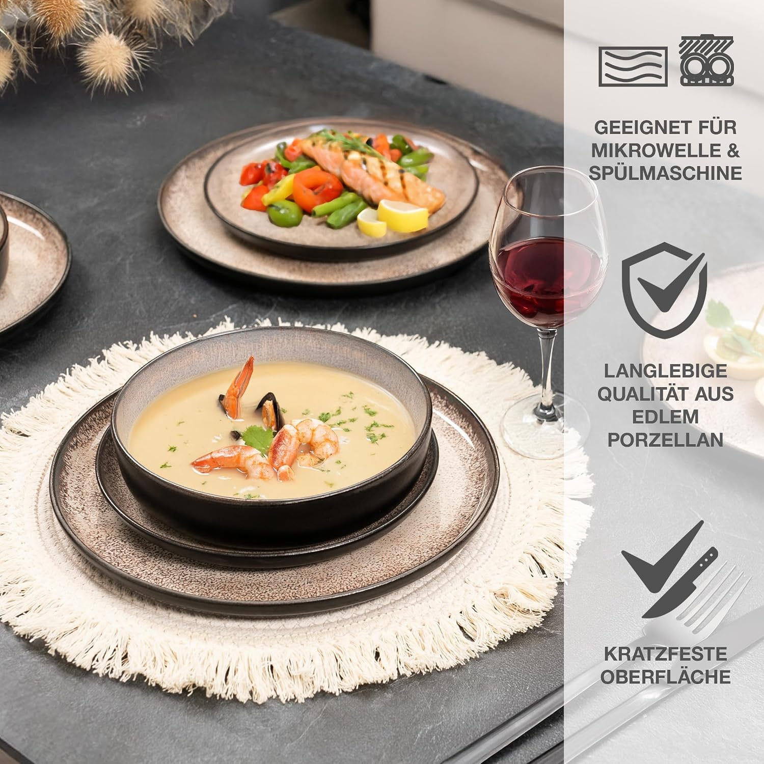 Detalle de Moritz & Moritz VIDA Geschirrset 6 Personen Beige – 18-tlg. Porzellan, mikrowellen- & spülmaschinengeeignet