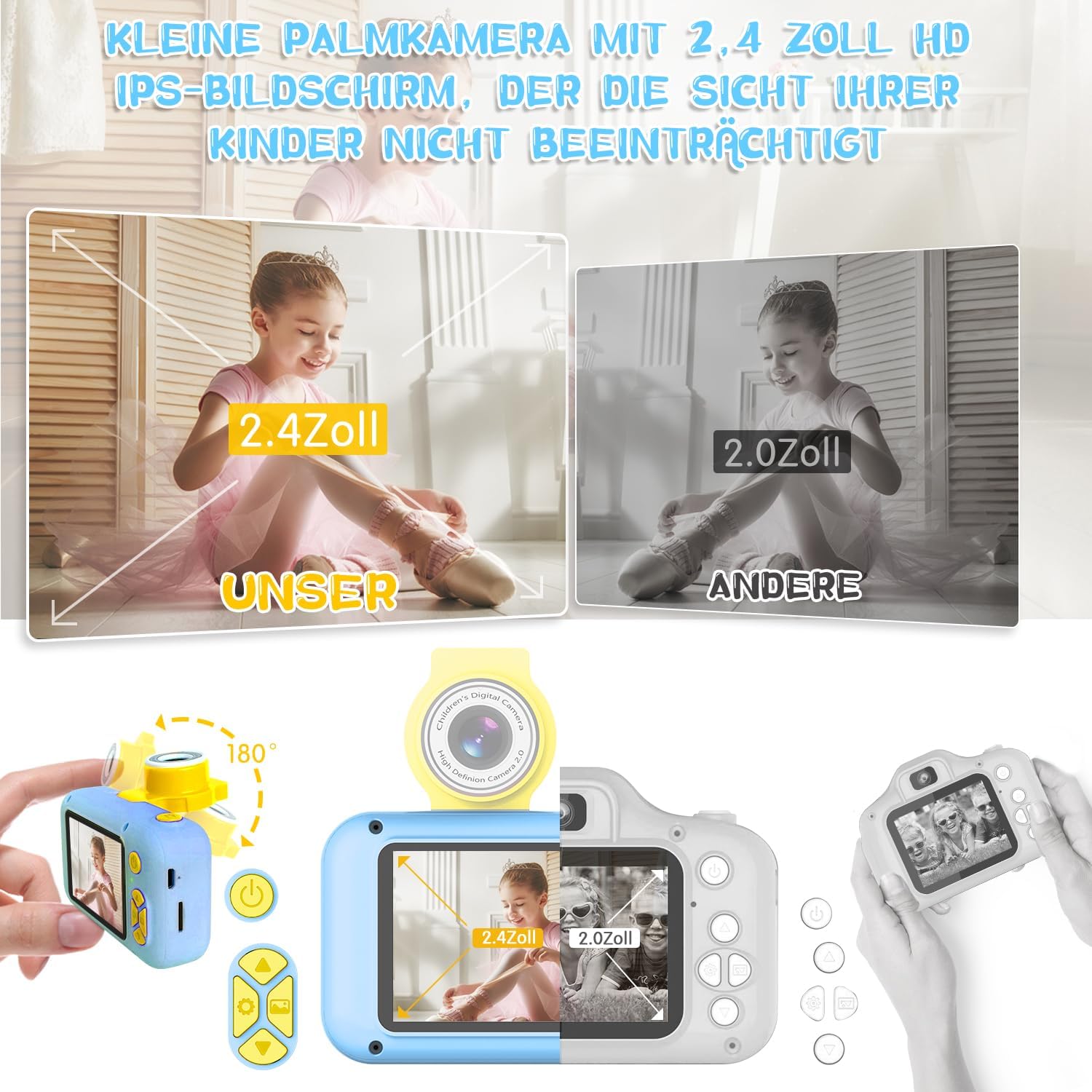 Detalle de ARNSSIEN Kinderkamera X101 mit 180°-Objektiv und 2,4'' IPS-Bildschirm – Spielzeugkamera für Kinder von 3 bis 12 Jahren