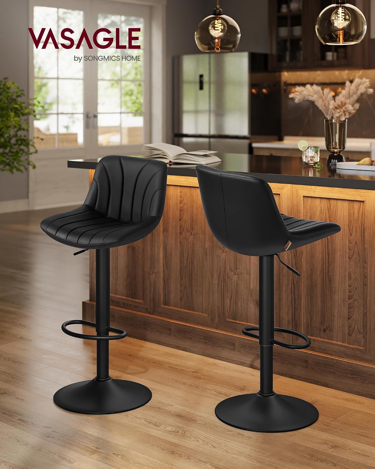 Detalle de VASAGLE Sgabelli da Bar con schienale e Poggiapiedi, Set di 2, Altezza Regolabile 60–80 cm, Girevoli a 360°, Nero Inchiostro LJB181BH01
