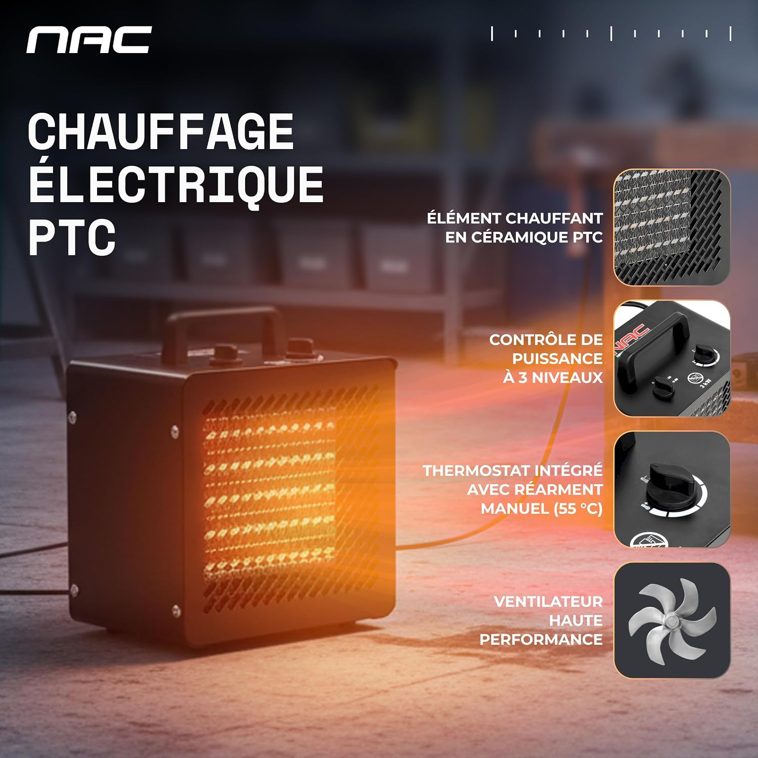 Thumbnail 1 de NAC Chauffage Soufflant Électrique 3000W – Radiateur mobile en céramique pour atelier, garage et serre