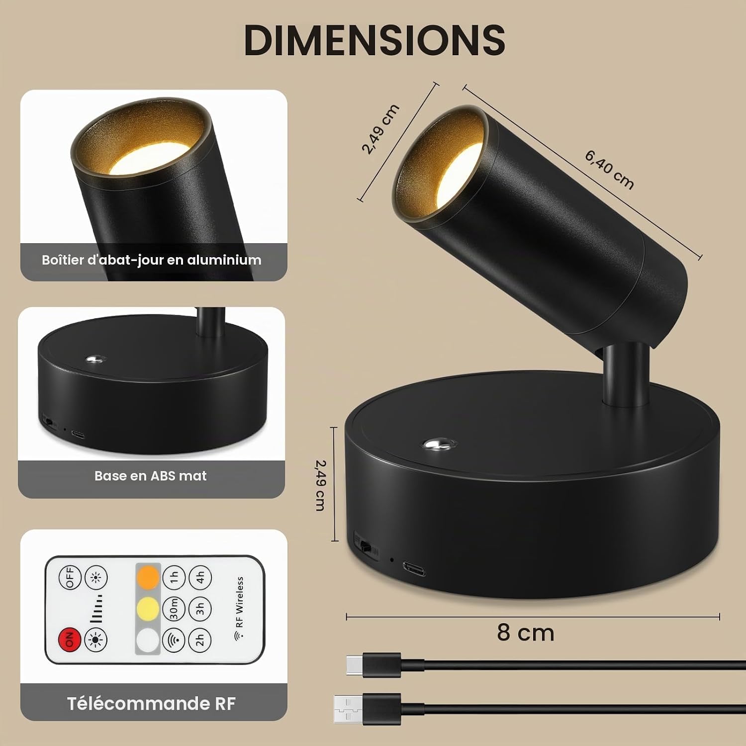 Detalle de Kimjo D0802 draadloze led-wandspots, oplaadbaar via USB-C, set van 2