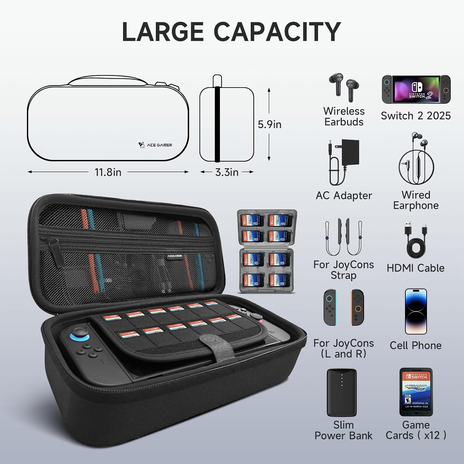 Detalle 2 de AceGamer SW2 case Switch 2 Carrying Case, Hard Shell, 20-Card Storage