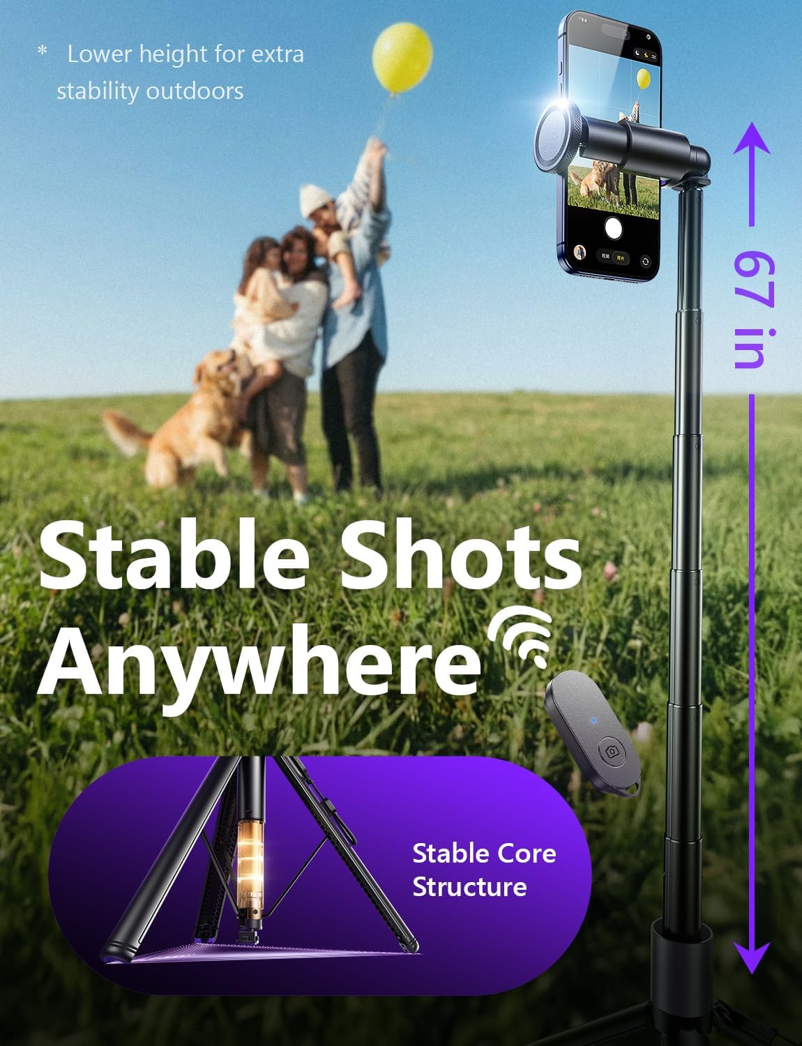Thumbnail 3 de LISEN 67" Phone Tripod for iPhone & Android with Self-Deploying Selfie Stick, Remote, and 1/4-20 Thread
