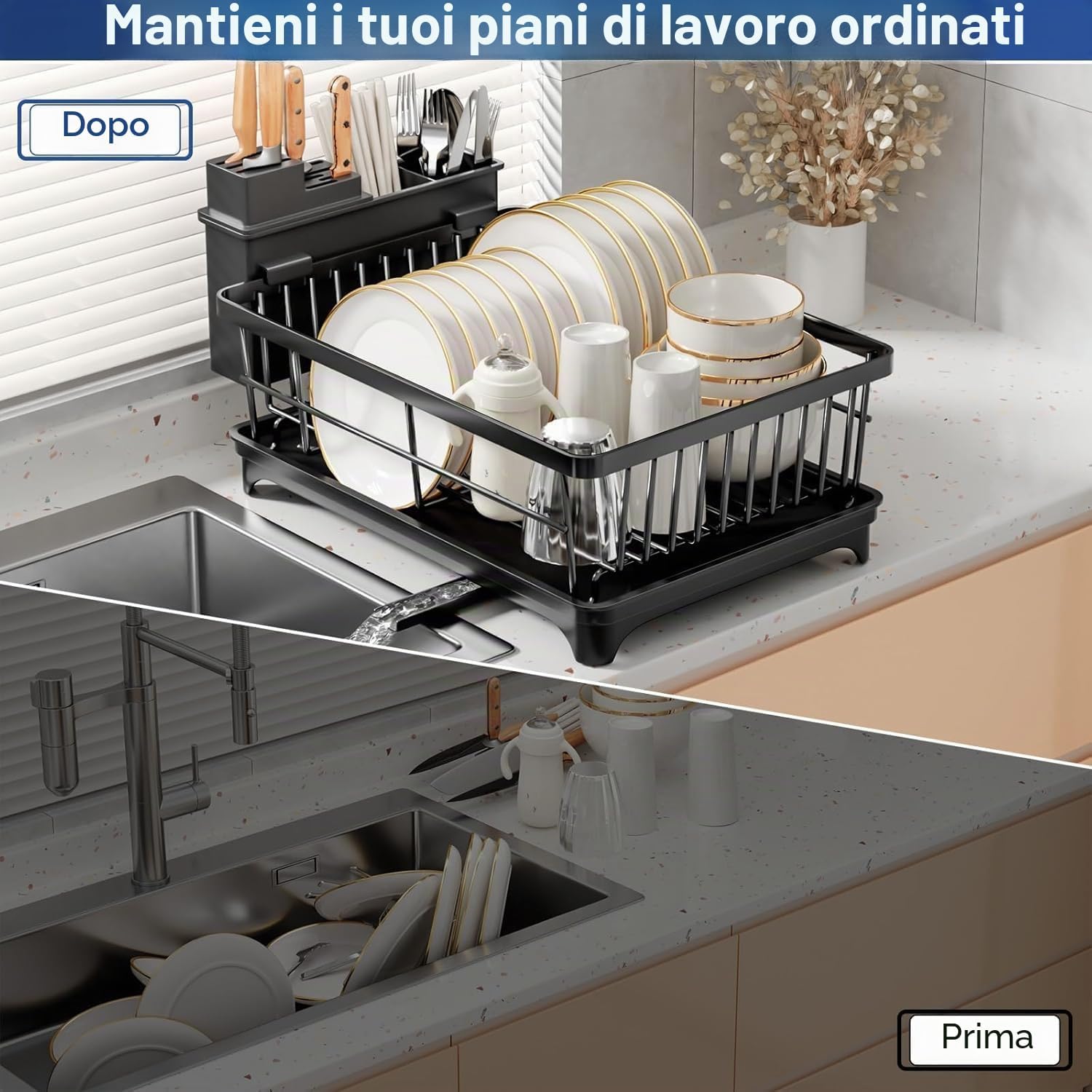 Detalle 2 de PurKeep Scolapiatti Salvaspazio con Portautensili per Bancone Della Cucina