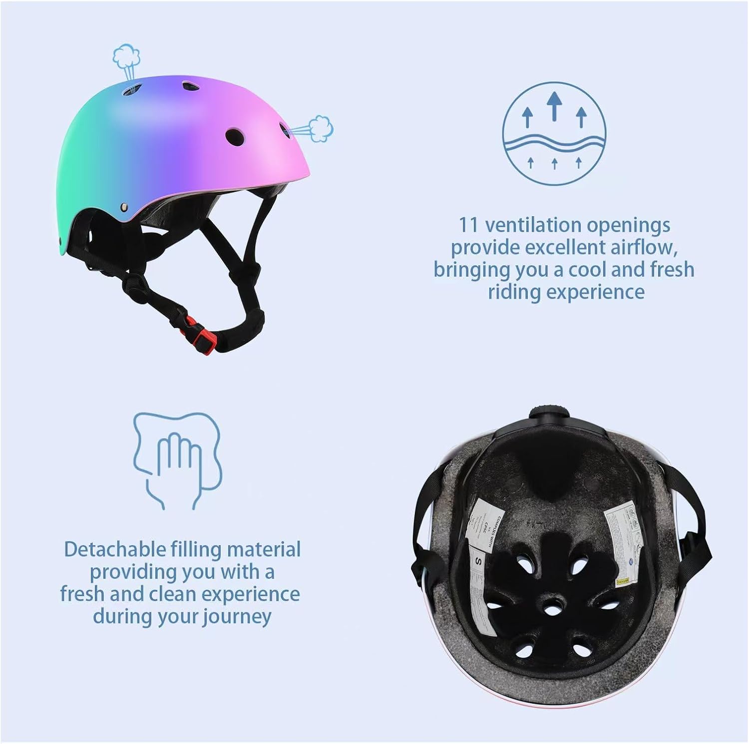 Detalle de Color Gradient Adjustable Kids Bike Helmet with Knee & Elbow Pads Set — 7-in-1 Safety Gear for Ages 5–14
