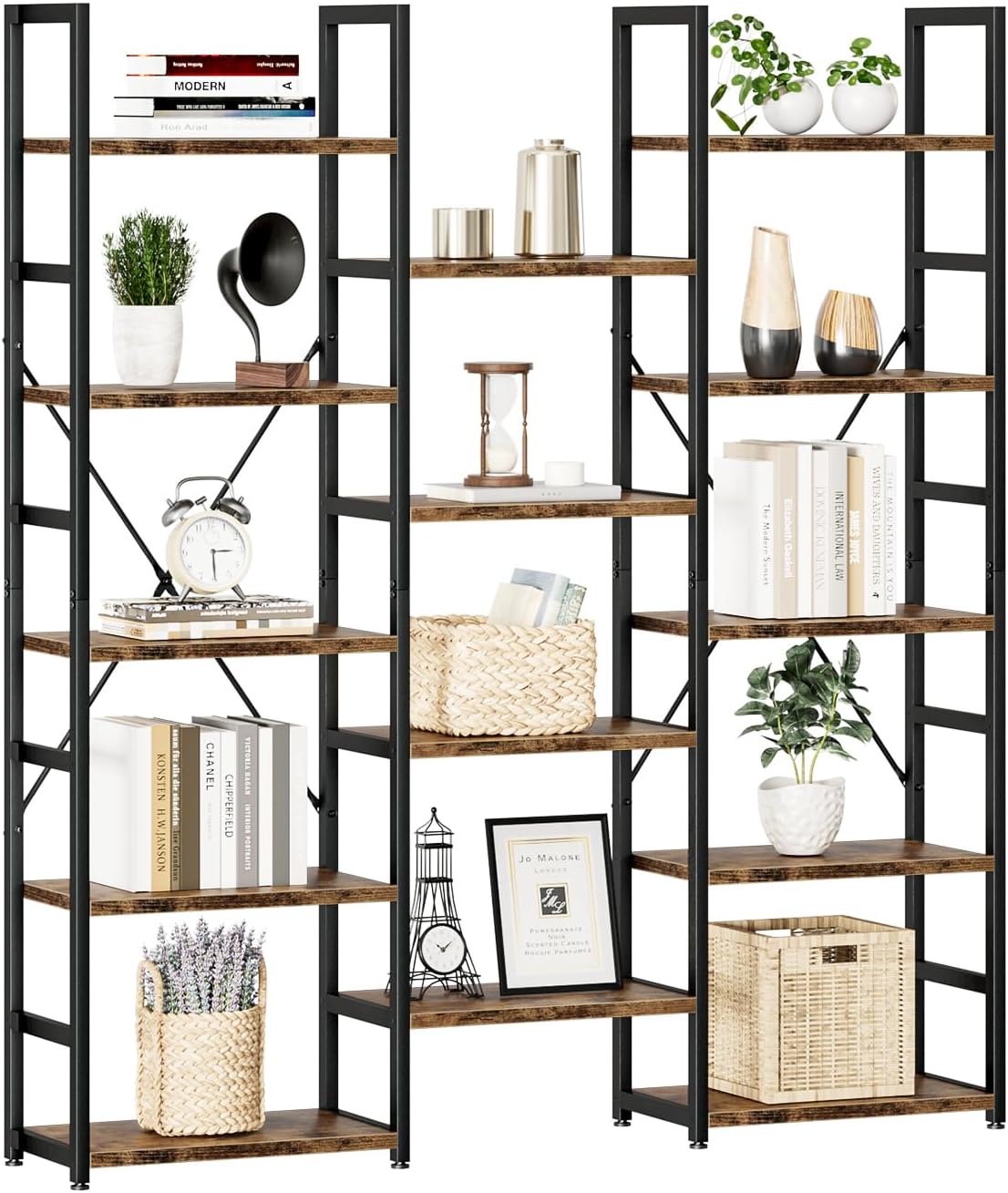 Detalle de NUMENN Triple Column 5 Tier Bookshelf: 14 Open Shelves, Adjustable Rustic Industrial Display