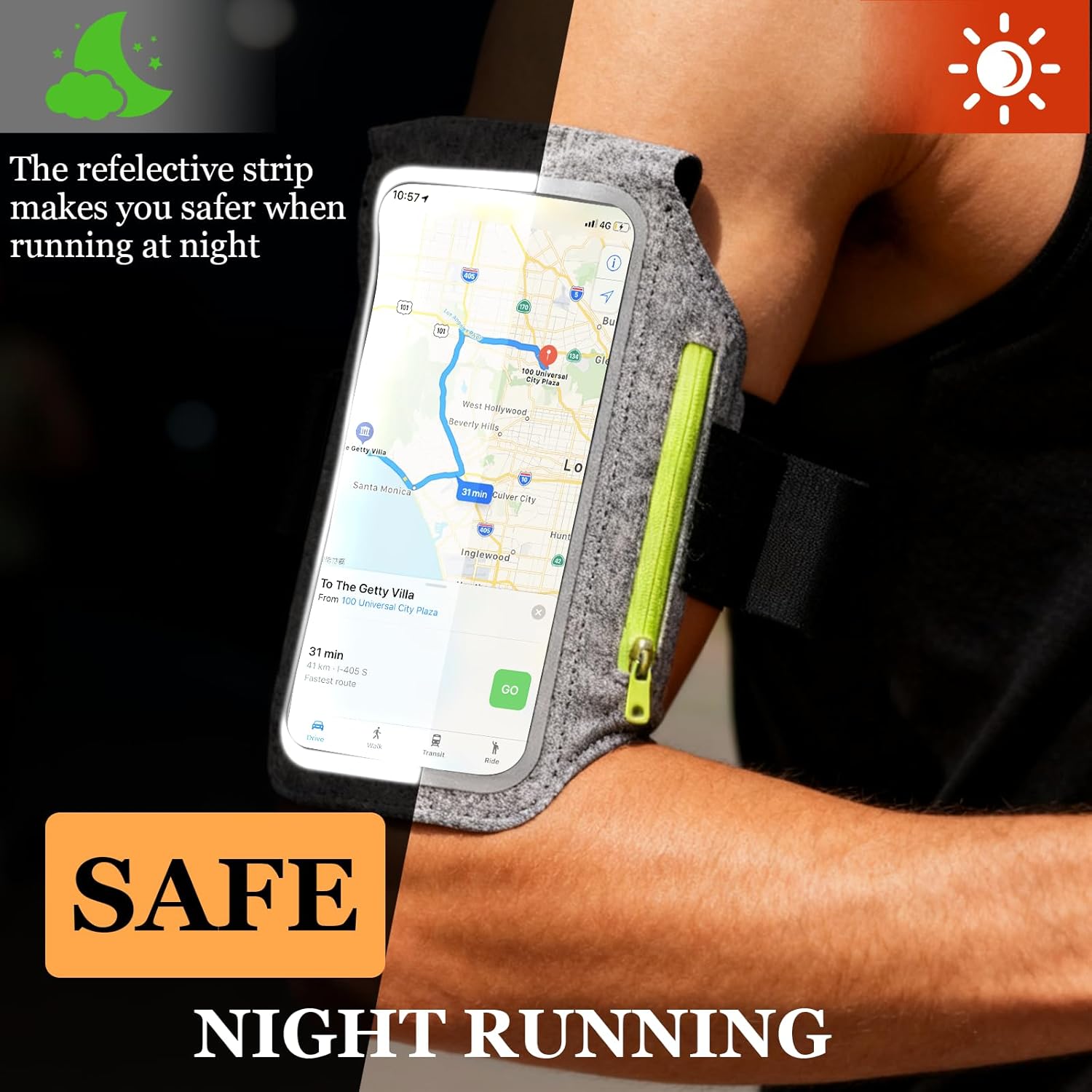 Detalle de Sportarmband mit Kopfhörer Tasche – Joggen-Hülle kompatibel mit iPhone 16 Pro Max / 15 Pro / 14 / 13 Pro / 12 Plus und Huawei P70 Pro