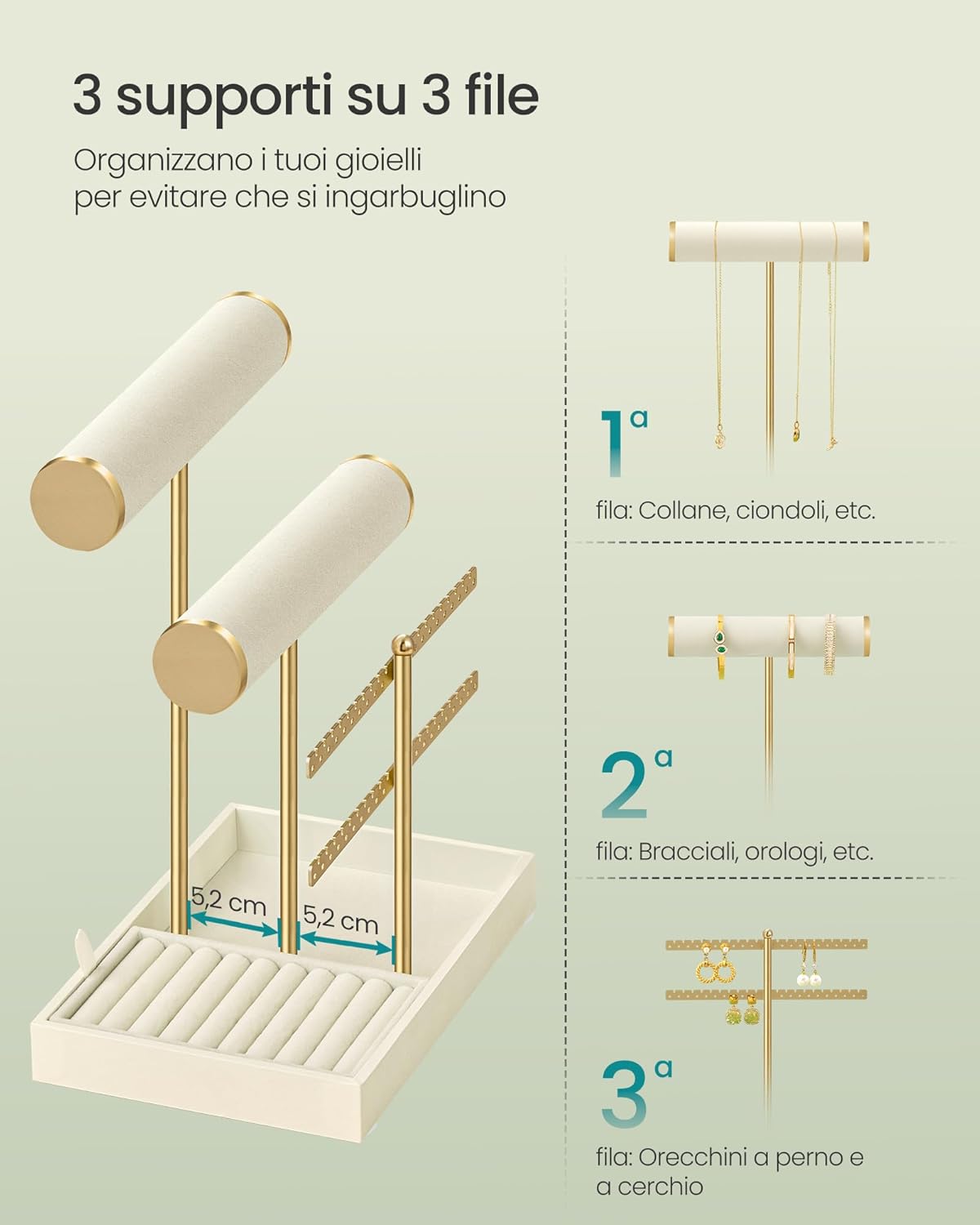 Detalle de SONGMICS Porta Bracciali JJS046W101: Porta Gioielli con 2 supporti per braccialetti, porta orecchini, vassoio velluto e portaanelli rimovibile