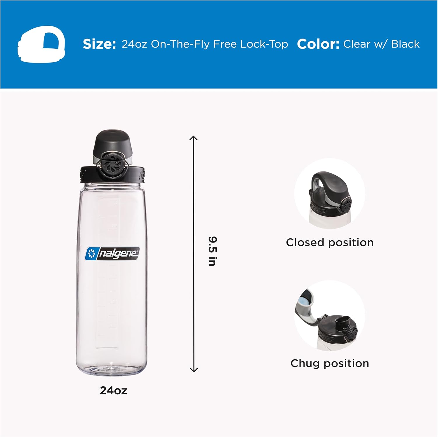 Detalle 1 de Nalgene REL078792 On The Fly 24 oz Lock-Top Water Bottle, Clear/Black